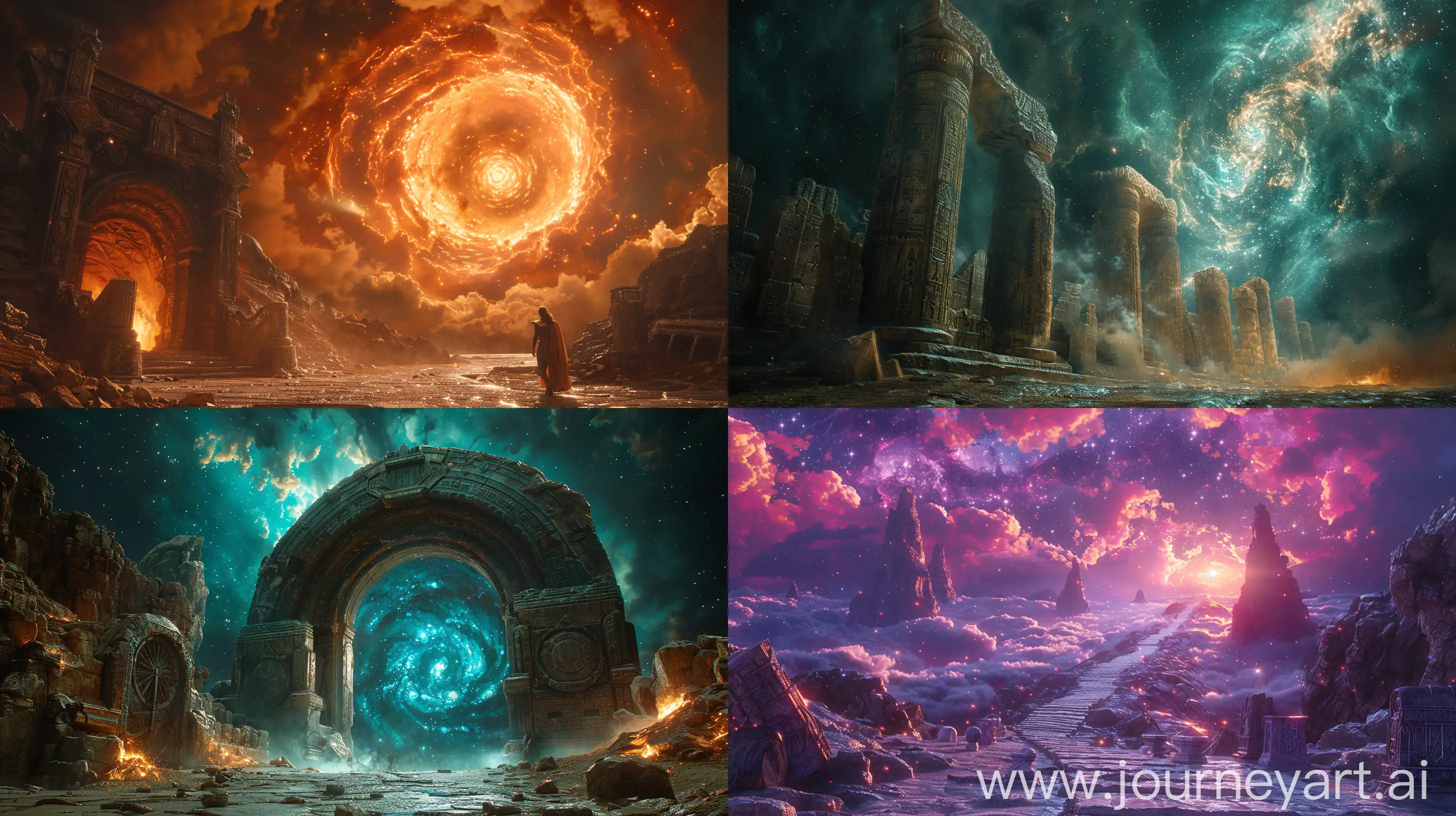 The end of time and universe, a secret mysterious location within the timeline, inspired by Marvel's Loki series season 2 TVA aesthetic, cosmic nebulae fading into oblivion, ancient runes and timeworn artifacts, enigmatic atmosphere, high detail --ar 16:9 --s 700 --v 6 --c 15