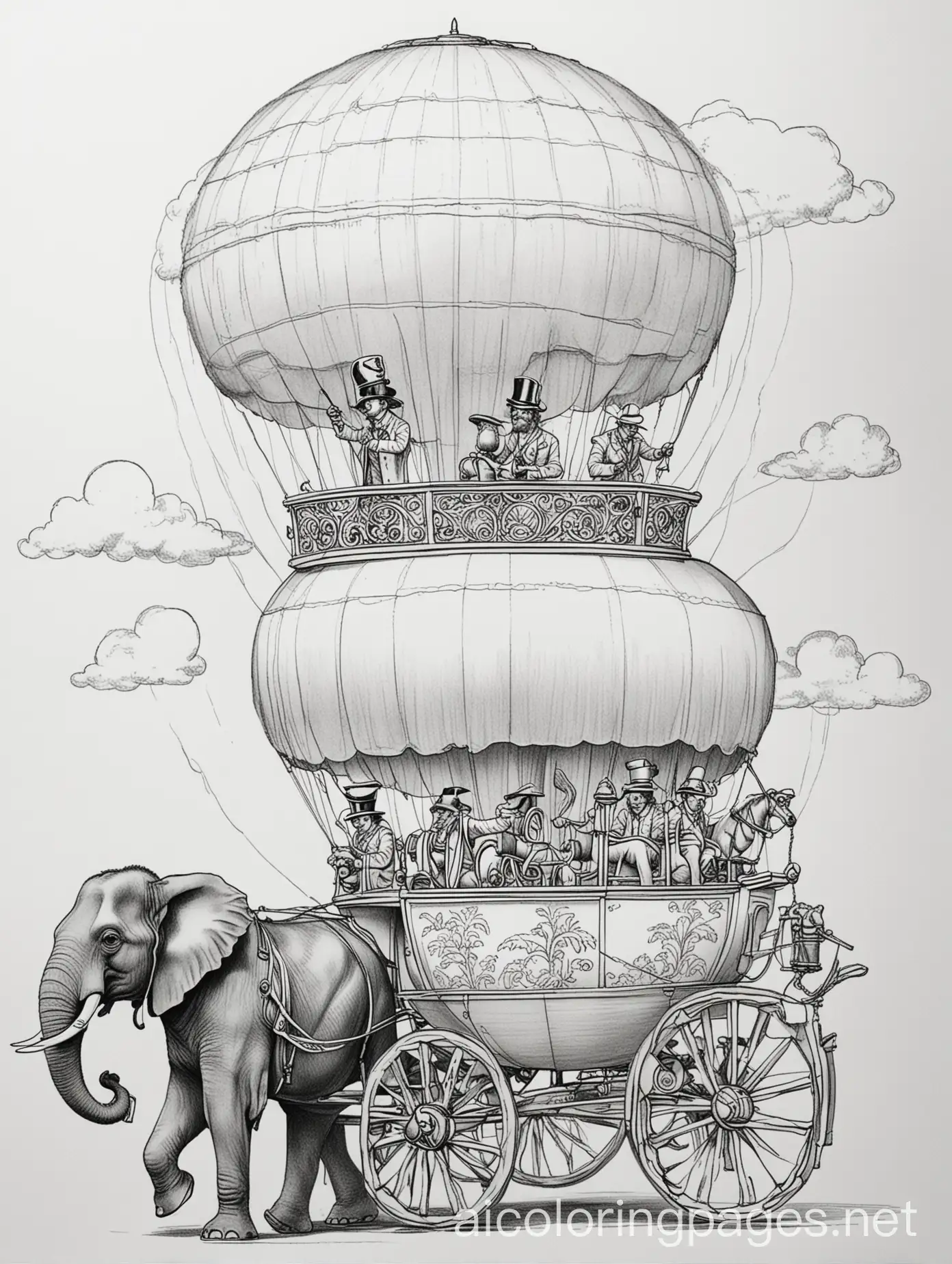 Steamer ship, globe, horse and carriage, man in top hat, riding an elephant, hot air balloon, posh london townhouse, different countries, Coloring Page, black and white, line art, white background, Simplicity, Ample White Space. The background of the coloring page is plain white to make it easy for young children to color within the lines. The outlines of all the subjects are easy to distinguish, making it simple for kids to color without too much difficulty