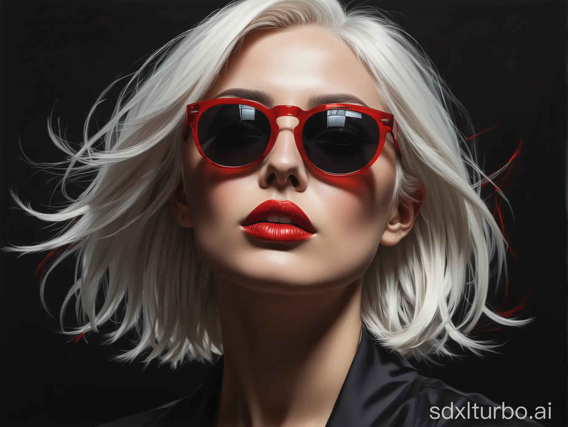 A stylized portrait of a woman. She has striking white hair that flows behind her, contrasting sharply with the dark background. She wears black sunglasses, which cast a shadow over her eyes, and her lips are painted a vivid red. The woman's face is turned slightly upwards, emphasizing the contours of her cheekbones and nose. The overall color palette is dominated by blacks, whites, and reds, creating a dramatic and intense visual effect.
