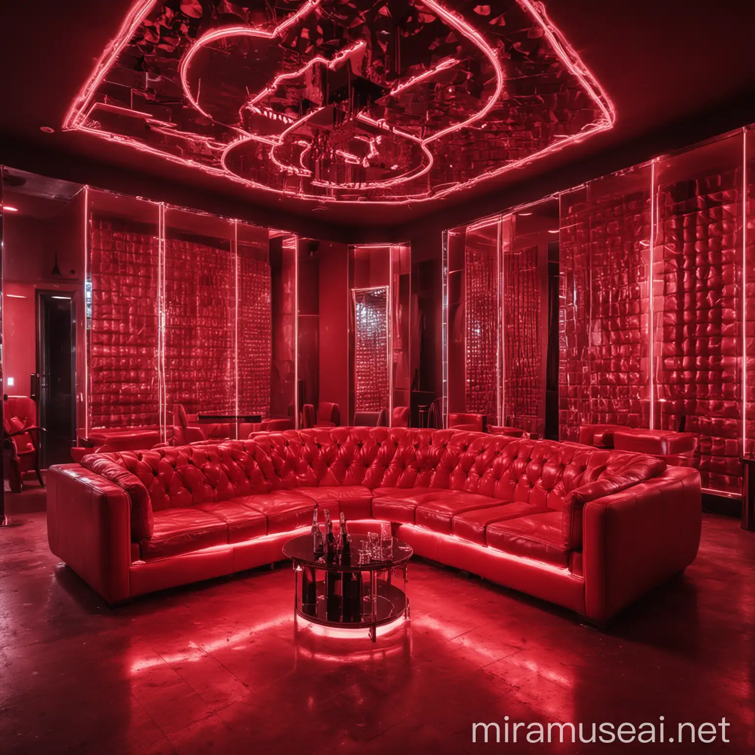 red neon night club, red sofas