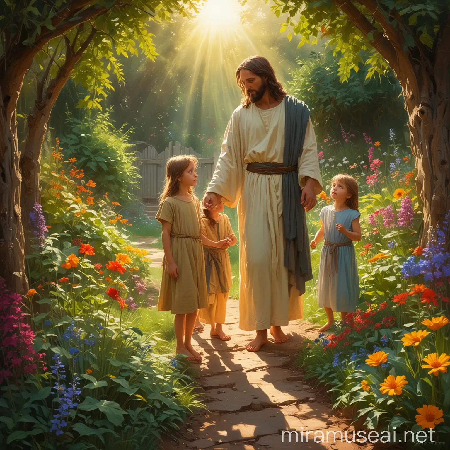 commercial illustration of Jesus Christ with children in a garden, in the style of Realistic, vibrant palette knife, franciszek starowieyski, michael malm, captures the essence of nature, sun-kissed palettes, illustration --ar 58:77 --s 750 --style raw