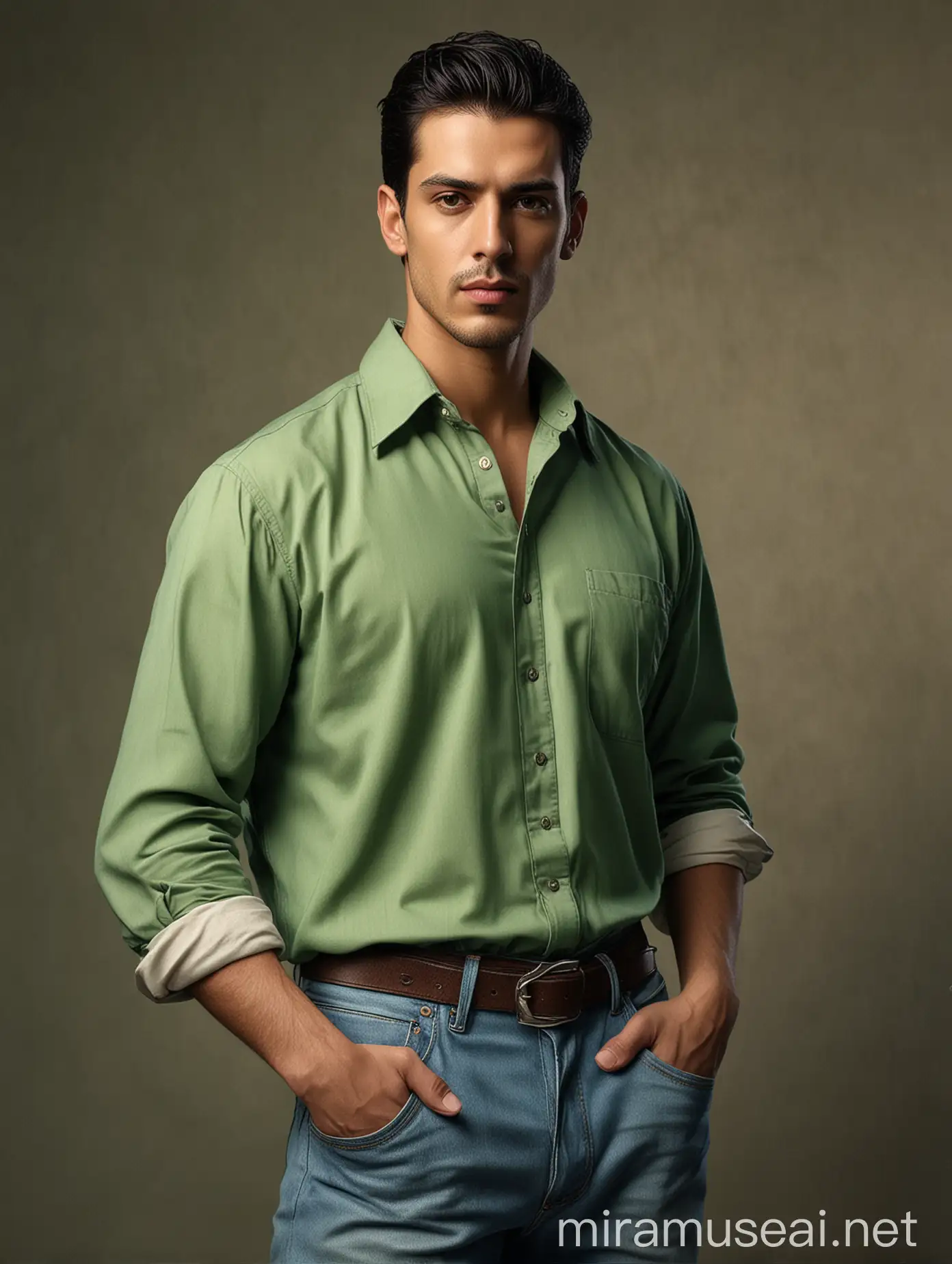 45 years men ,Arrogant and arrogant he stands tall and proud. artistic fashion shoot, high end, photorealistic, dramatic , full figure shot, European mixed Arabian race, dreamy, soft makeup, model fashion pose, high class,  luxurious background, fair skin, high fashion pose. highly detailed, high budget, Wearing casual green shirt (#625e43) and blue jeans