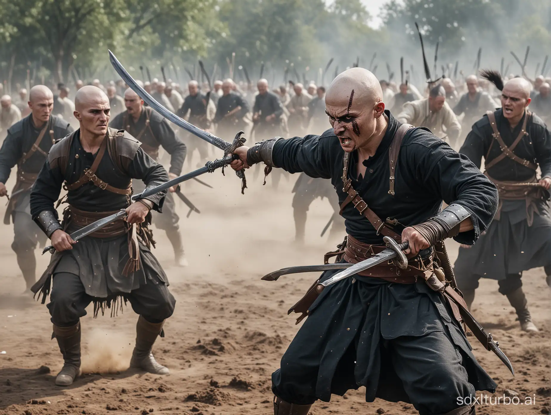 Lightly armed medieval infantrymen fight on swords with (((skinheaded))) bandits with a tuft of black hair on their heads in Ukrainian Cossacks style.