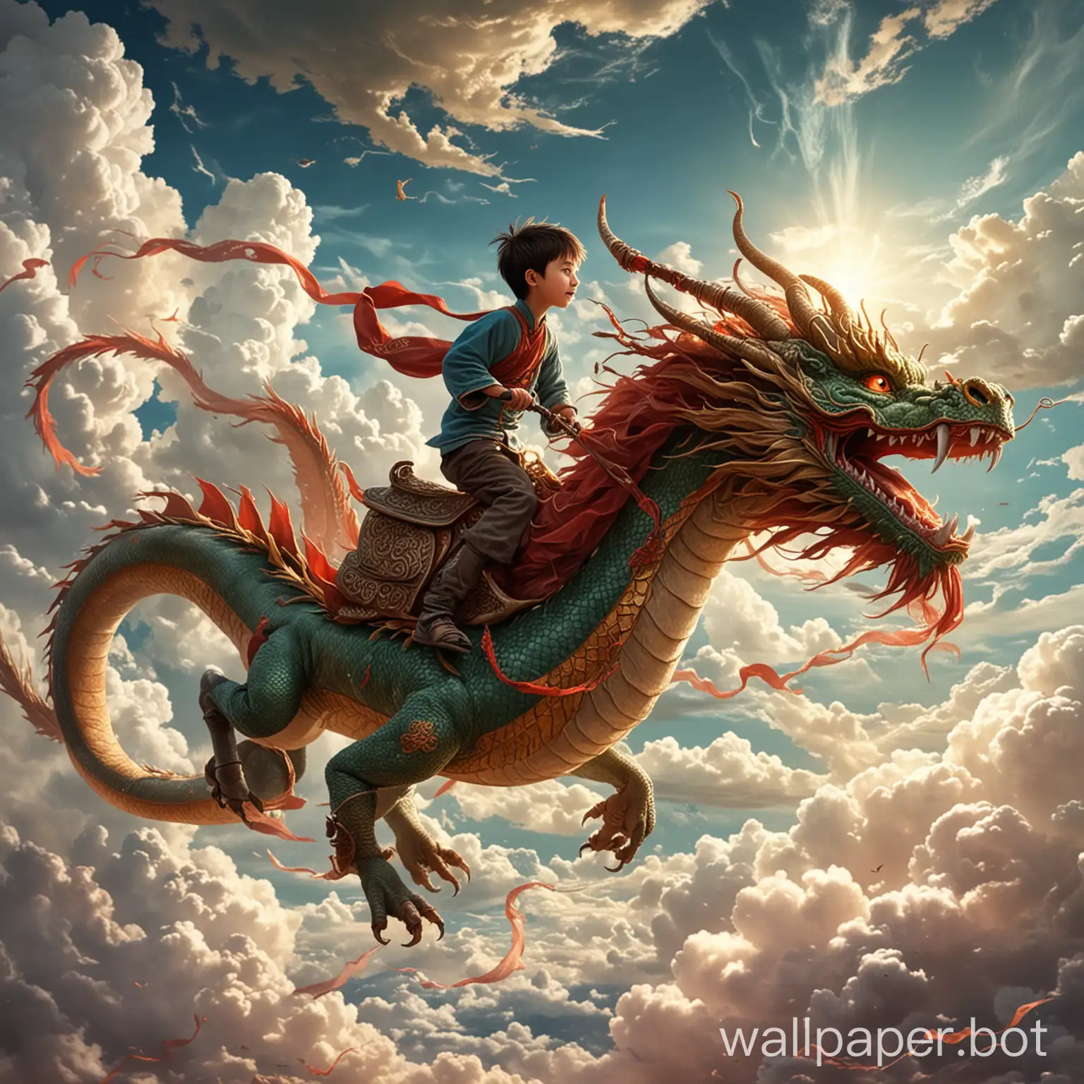 A boy rides a Chinese dragon in the sky one day