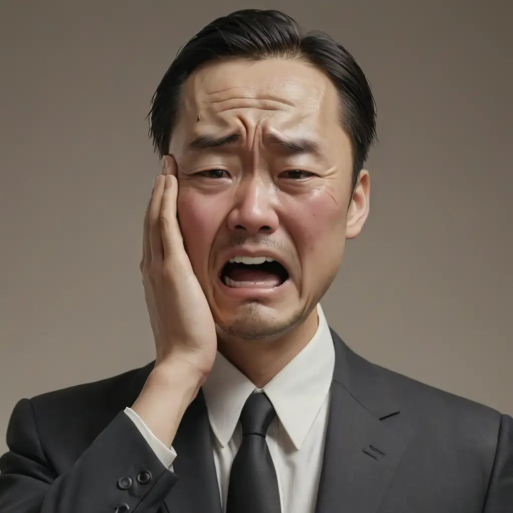 crying Chinese man in suit holds his head