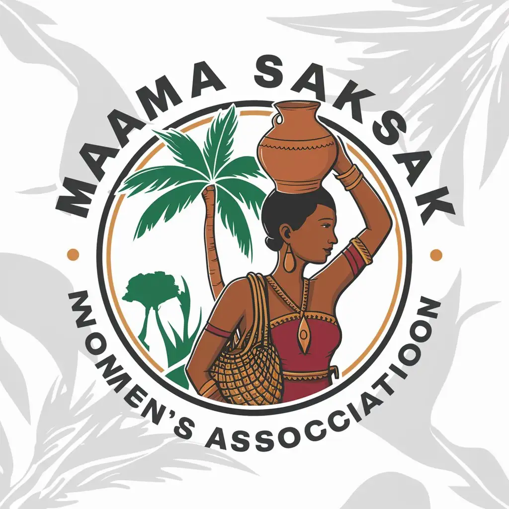 a logo design,with the blue text 'Mama Saksak Women's Association', main symbol: A brown-skinned woman wearing traditional attire carrying a clay pot on her head, and carrying a bilum string bag on her shoulder, native Metroxylon Sago palm tree in the background. Circular frame around the logo images with text 'Mama Saksak Women's Association' around the circle. Complex. White background.