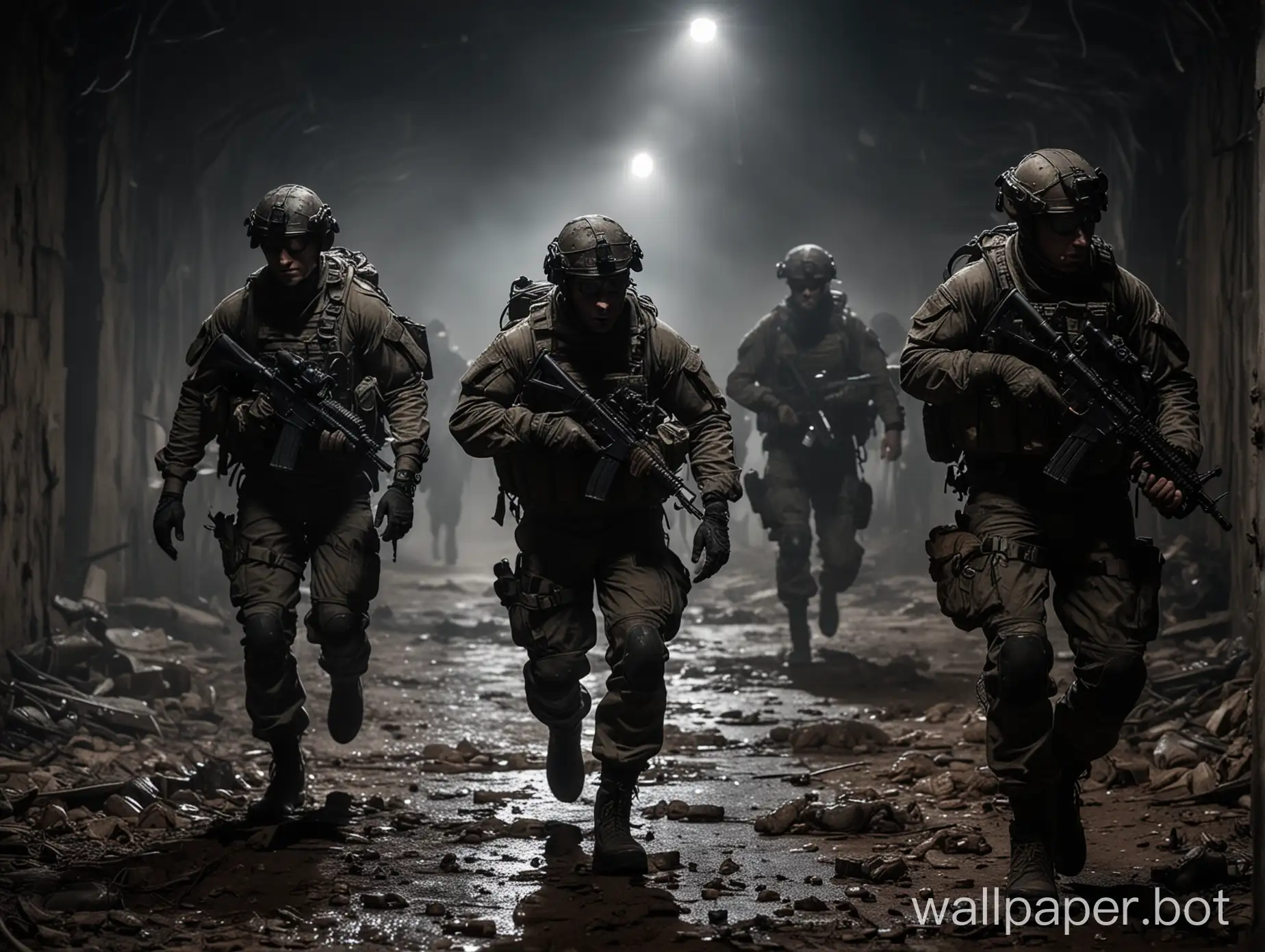 a special forces team in full uniform, moving through hordes of rats, darkness, flashlights