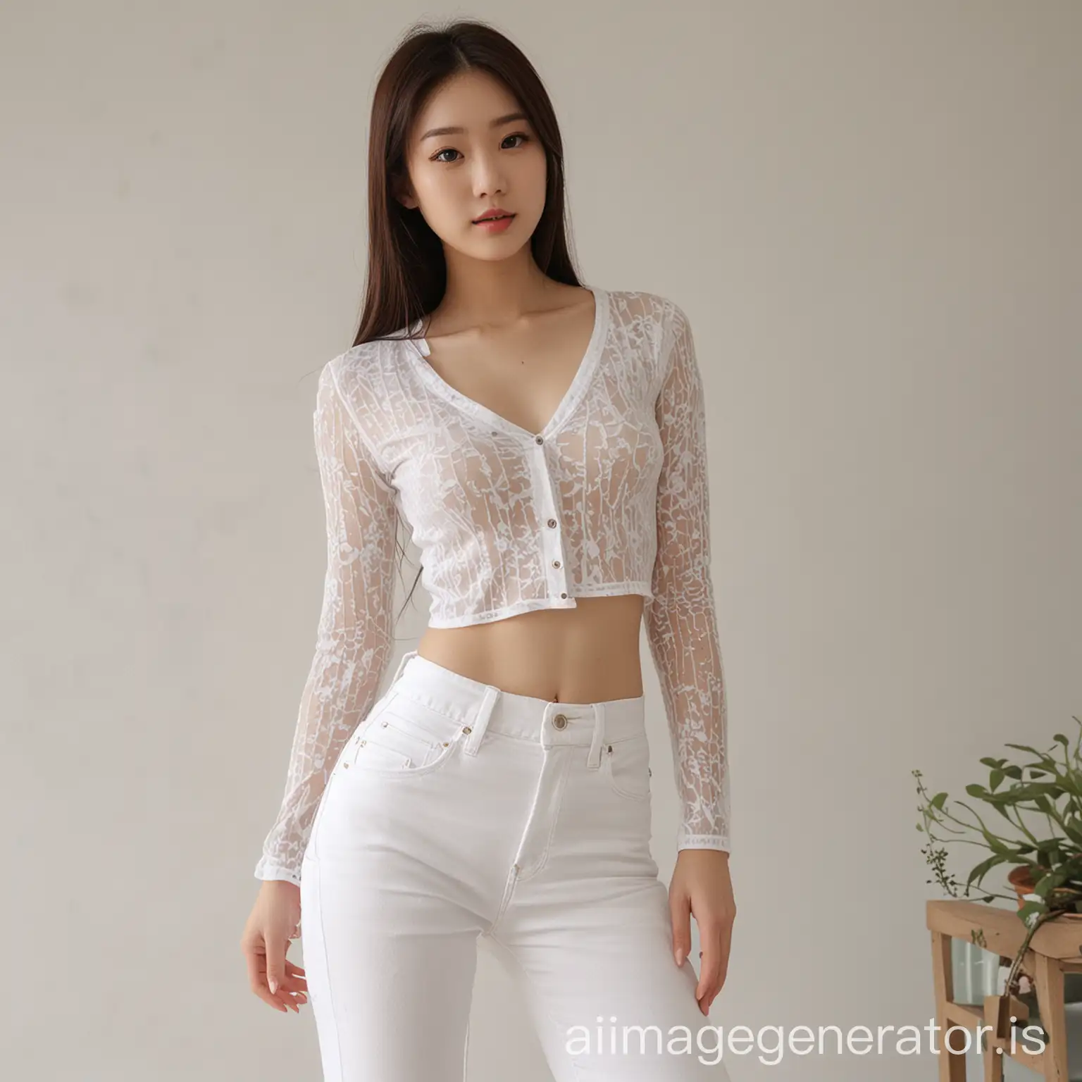 Slim Asian Girl in Translucent White Seethrough Crop Top and Tight Jeans |  AI Image Generator