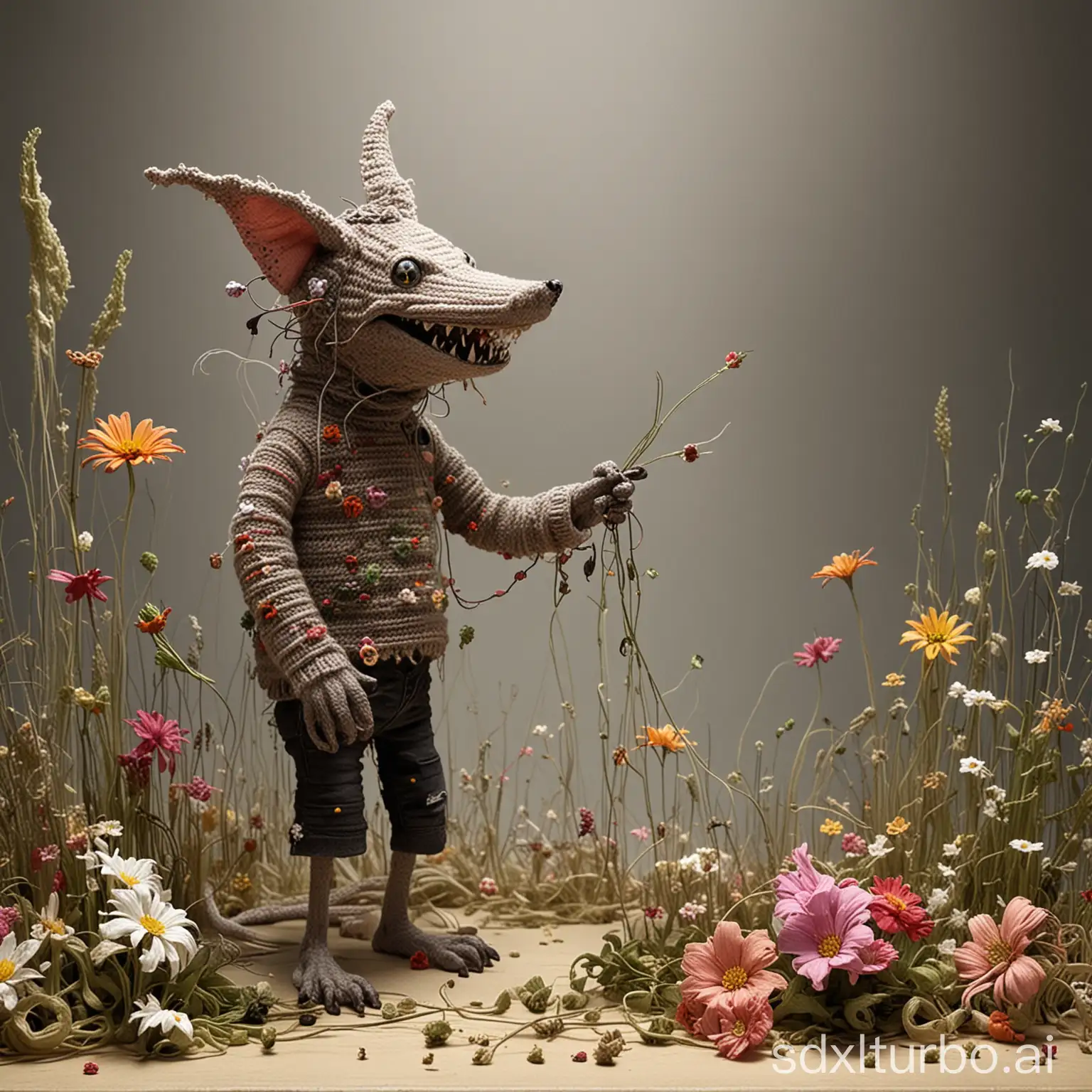 James Paick vs. Quentin Blake_ weird cat crochets a pullover with knotted spaghetti radios and flowers, versatilium Goblin shark