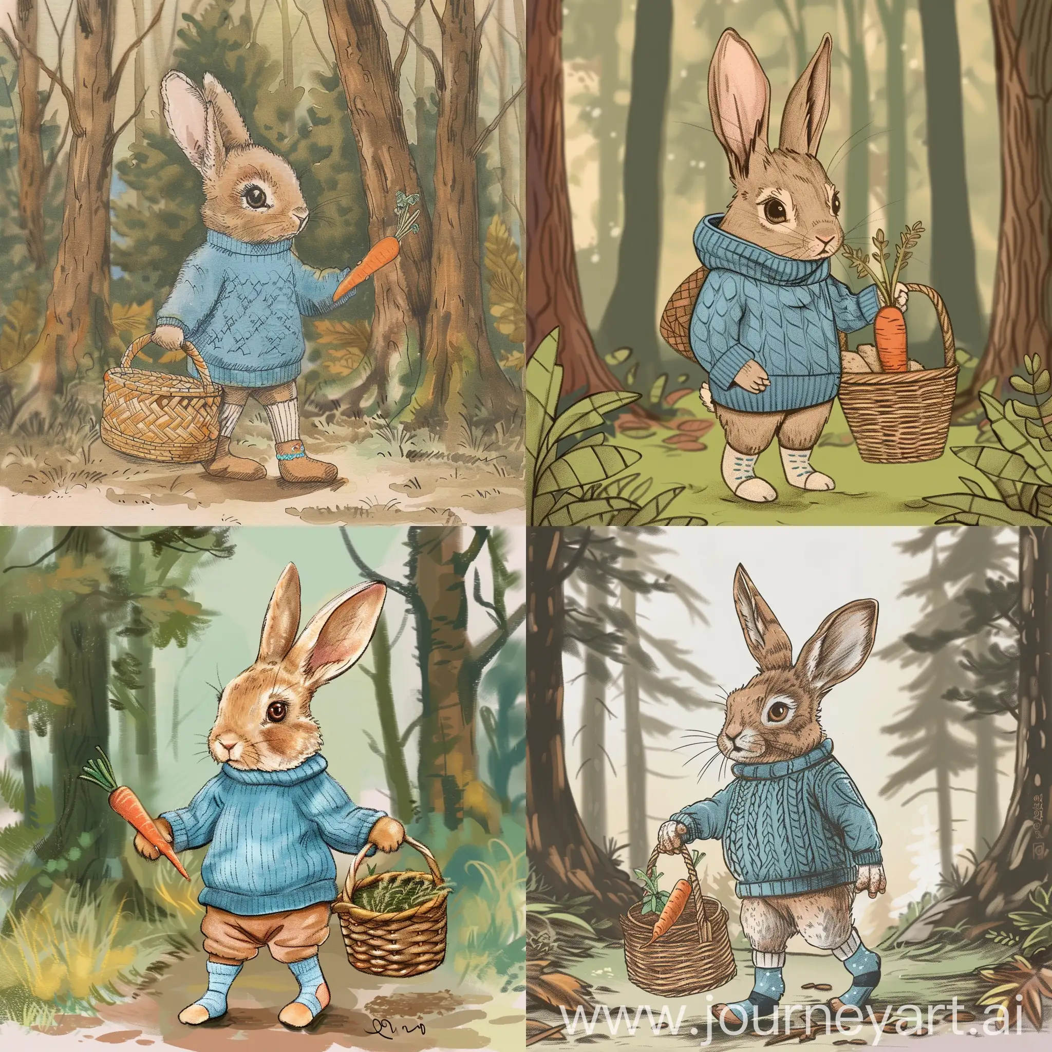 draw a cute rabbit wearing a blue sweater, standing in a forest, carrying a brown woven basket, wear socks, whole body, with a carrot