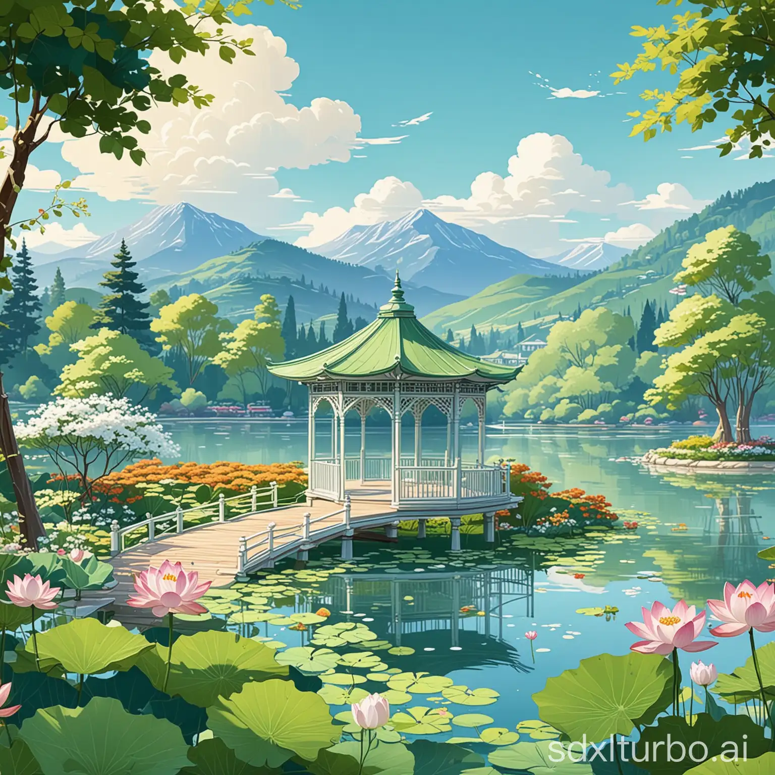 Flat illustration, spring scenery, pavilion by the lake, blue sky and white clouds, light green mountains in the distance, lotus leaves on top of the gazebo, vector line style, simple color blocks, children's picture book illustrations, colorful cartoon characters, high definition details, 48k HD quality, high resolution.