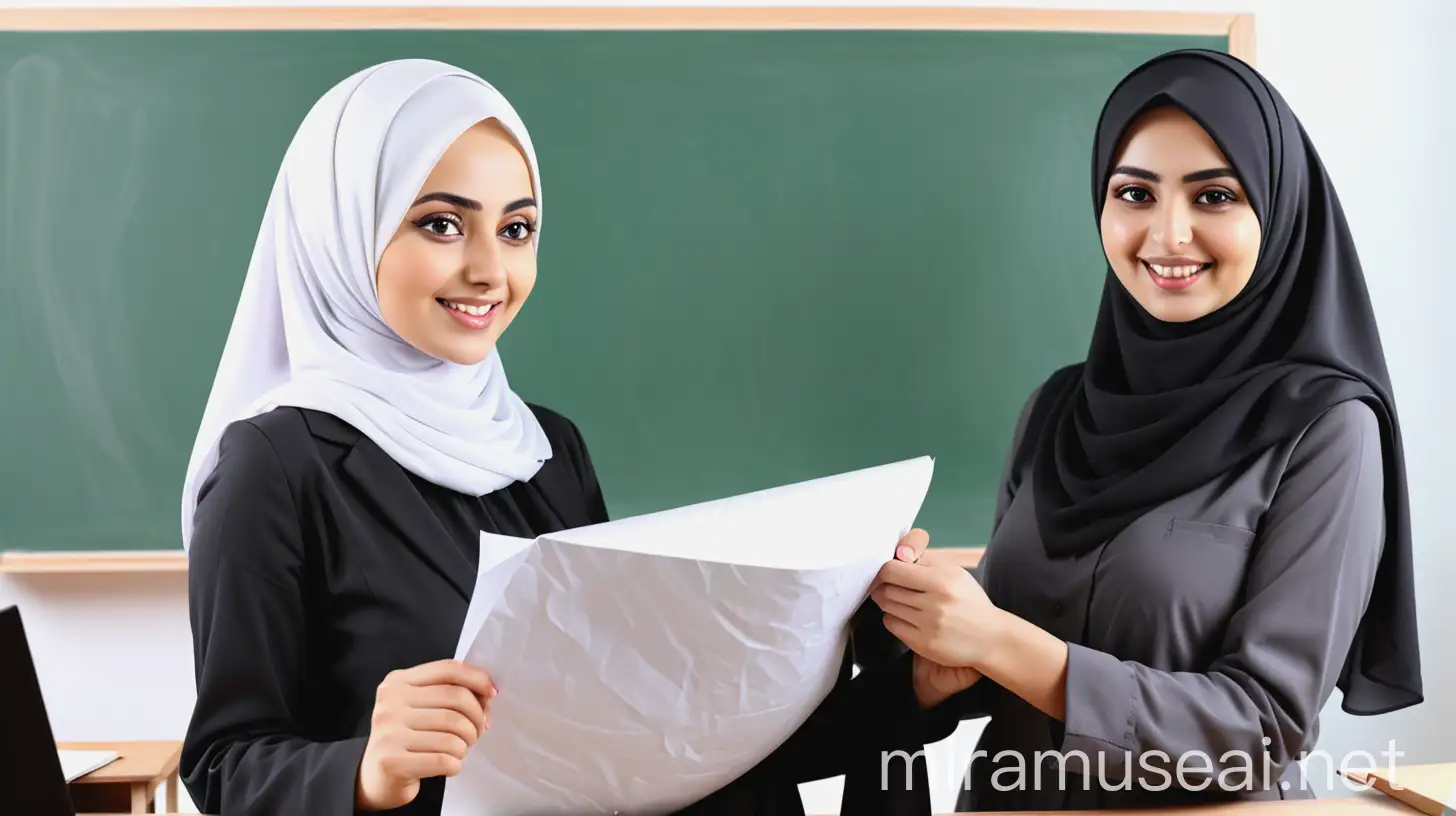 a teacher hijab woman explain subject at blackboard, and a happy supervisor hijab woman hold in her hands paper
