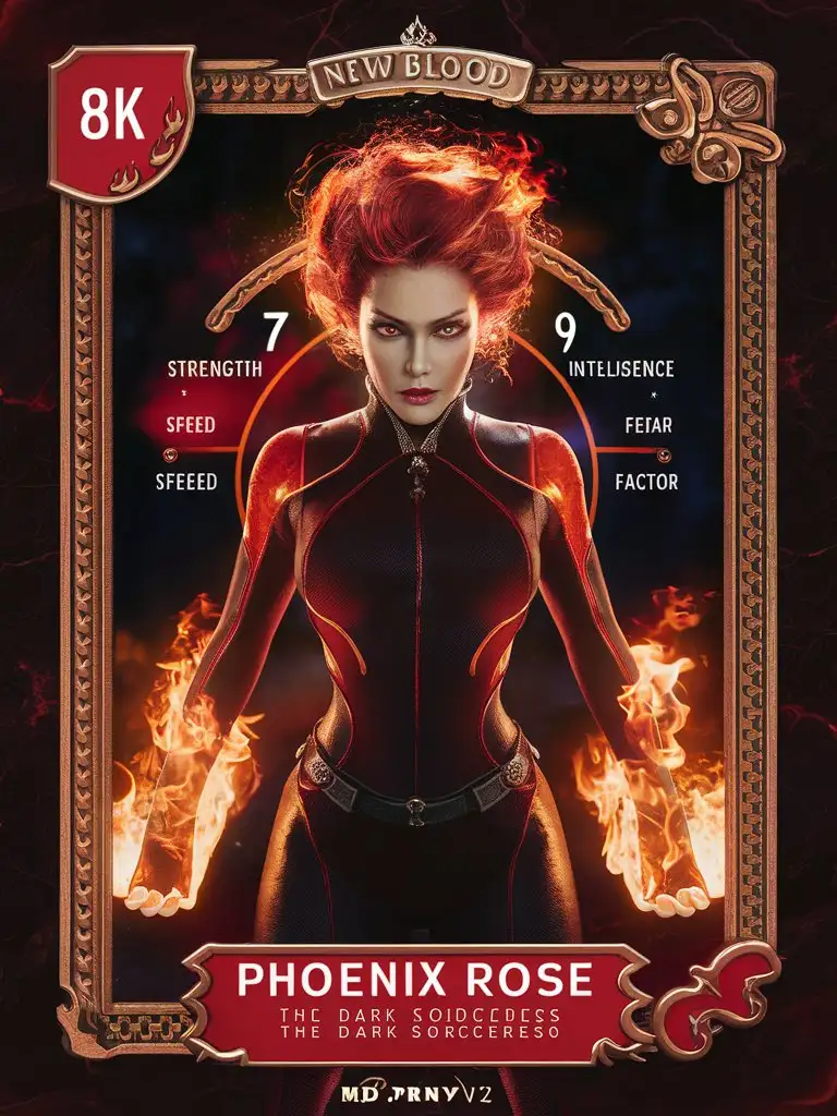 design a detailed 8k card for "New Blood Collectables" featuring "Phoenix Rose the Dark Sorceress" card Stats: "Strength: 7""Speed: 8"
"Intelligence: 9""Fear Factor: 9" in a detailed 8k background with dark detailed border.
Personal Appearance:
With fiery red hair and eyes that burn with intensity, Phoenix Rose has a striking appearance. She wears a sleek, flame-resistant suit that highlights her powerful build, and flames often flicker around her hands and feet.
 Add_Details_XL-fp16 algorithm, 3D octane rendering style (3DMM_V12) with the mdjrny-v4 style, infused with global illumination --q 180 --s 275 --ar 3:4 --chaos 500 --w 500