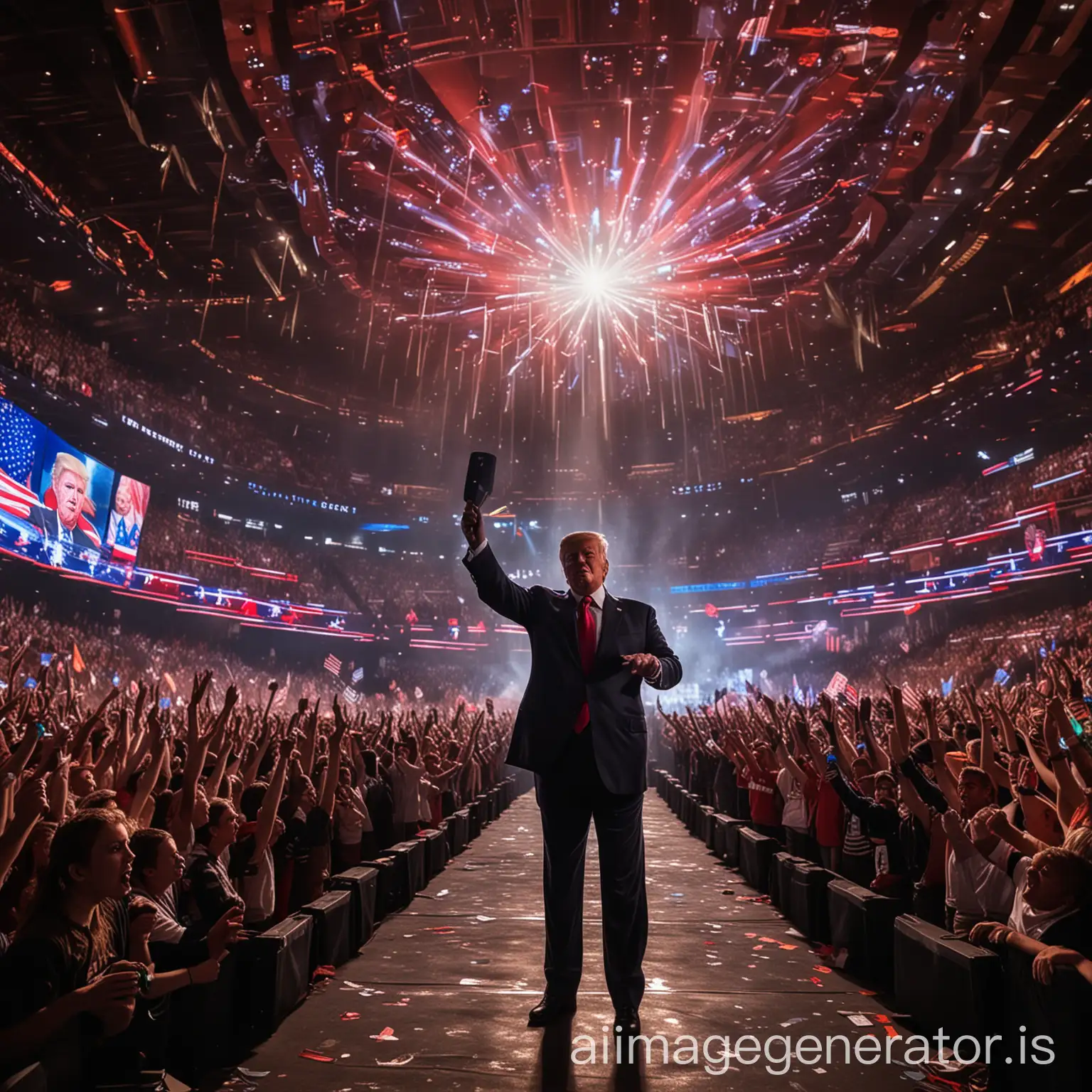 An extravagant stage design: A grand and magnificent arena with a futuristic, digital background. In the center of the stage stands an energetic and charismatic Donald Trump. Trump is dressed in shiny armor, holding a microphone in one hand and raising the other triumphantly. Bright spotlights illuminate Trump, while the background features holographic charts and symbols representing the cryptocurrency world. The crowd is filled with enthusiastic people, cheering and waving glow sticks. The atmosphere is electrifying, capturing the excitement of the election.