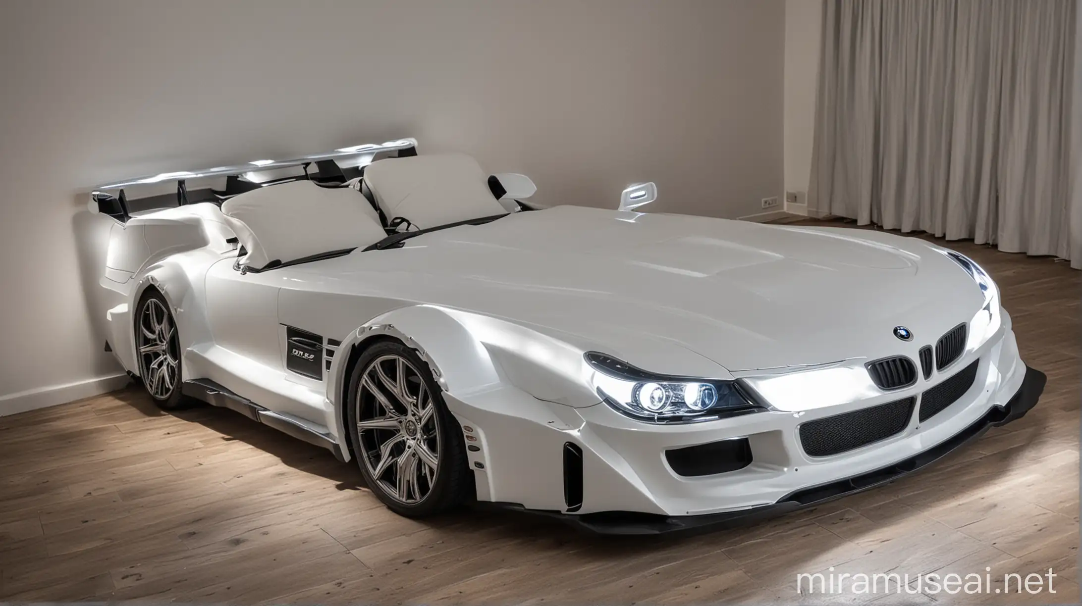 Double bed in the shape of a BMW amg car with headlights on