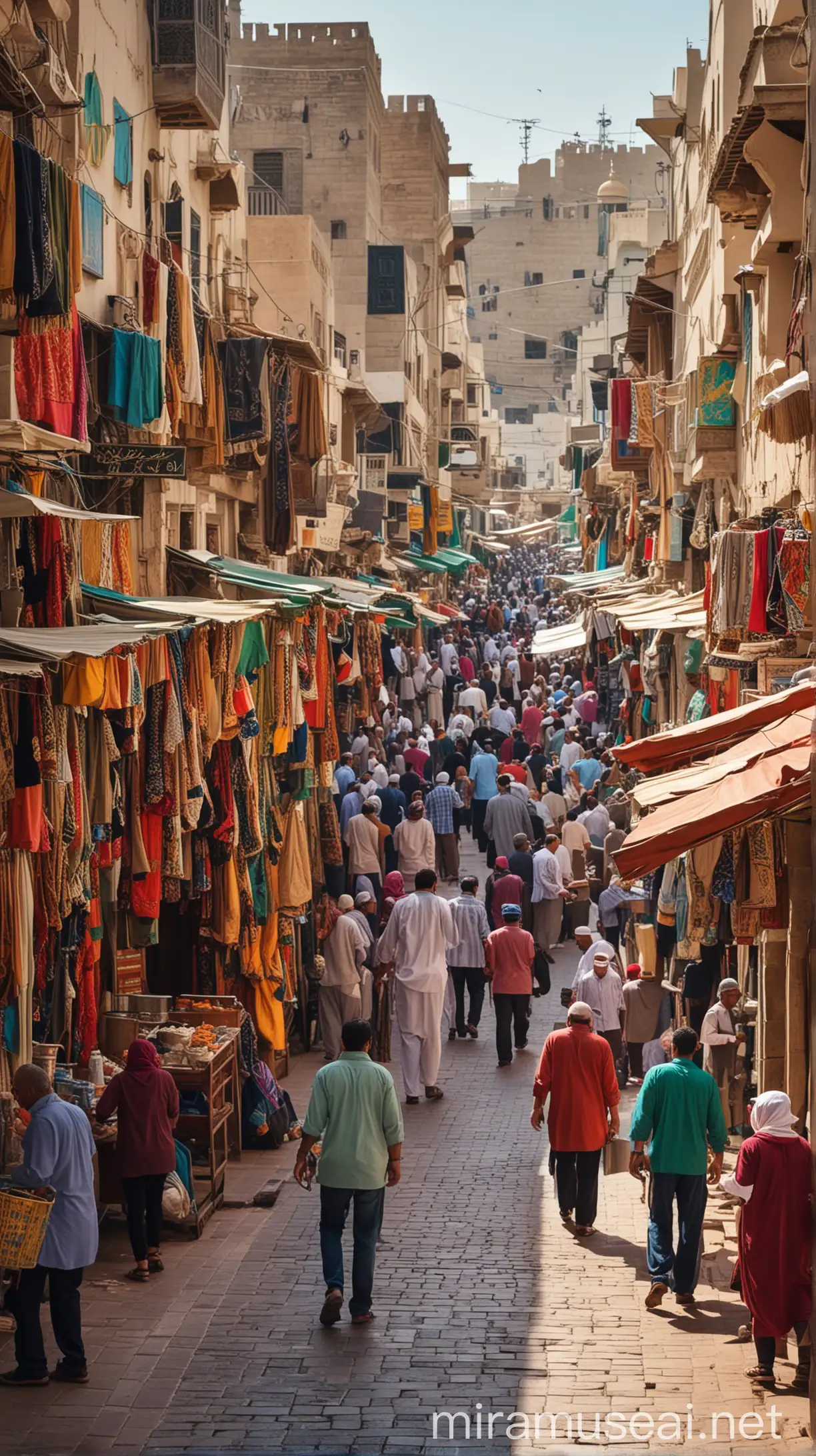Vibrant Marketplace Scene Bustling Streets of Medina with Colorful Stalls and Crowds