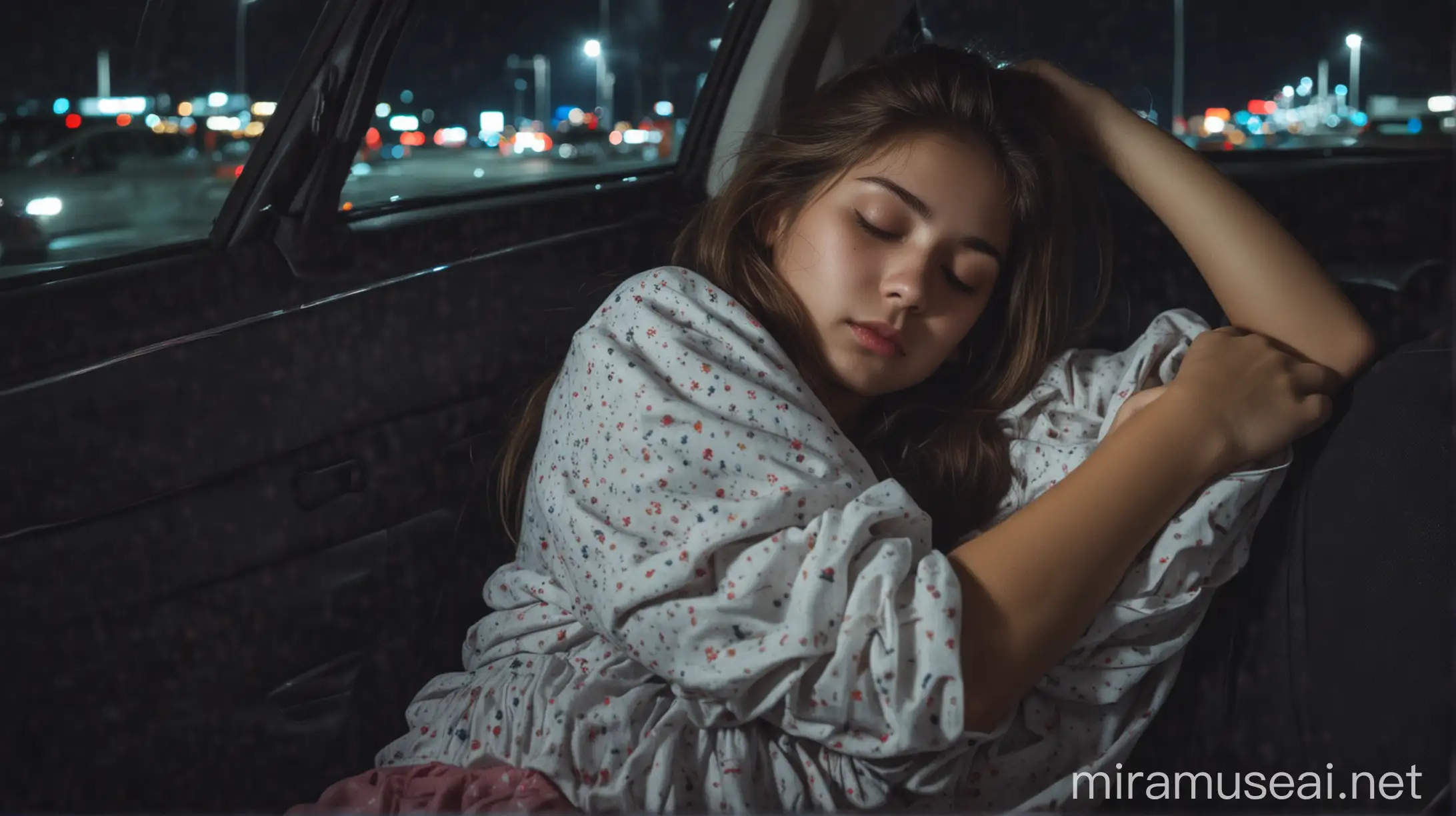 Girl Sleeping in Car at Night