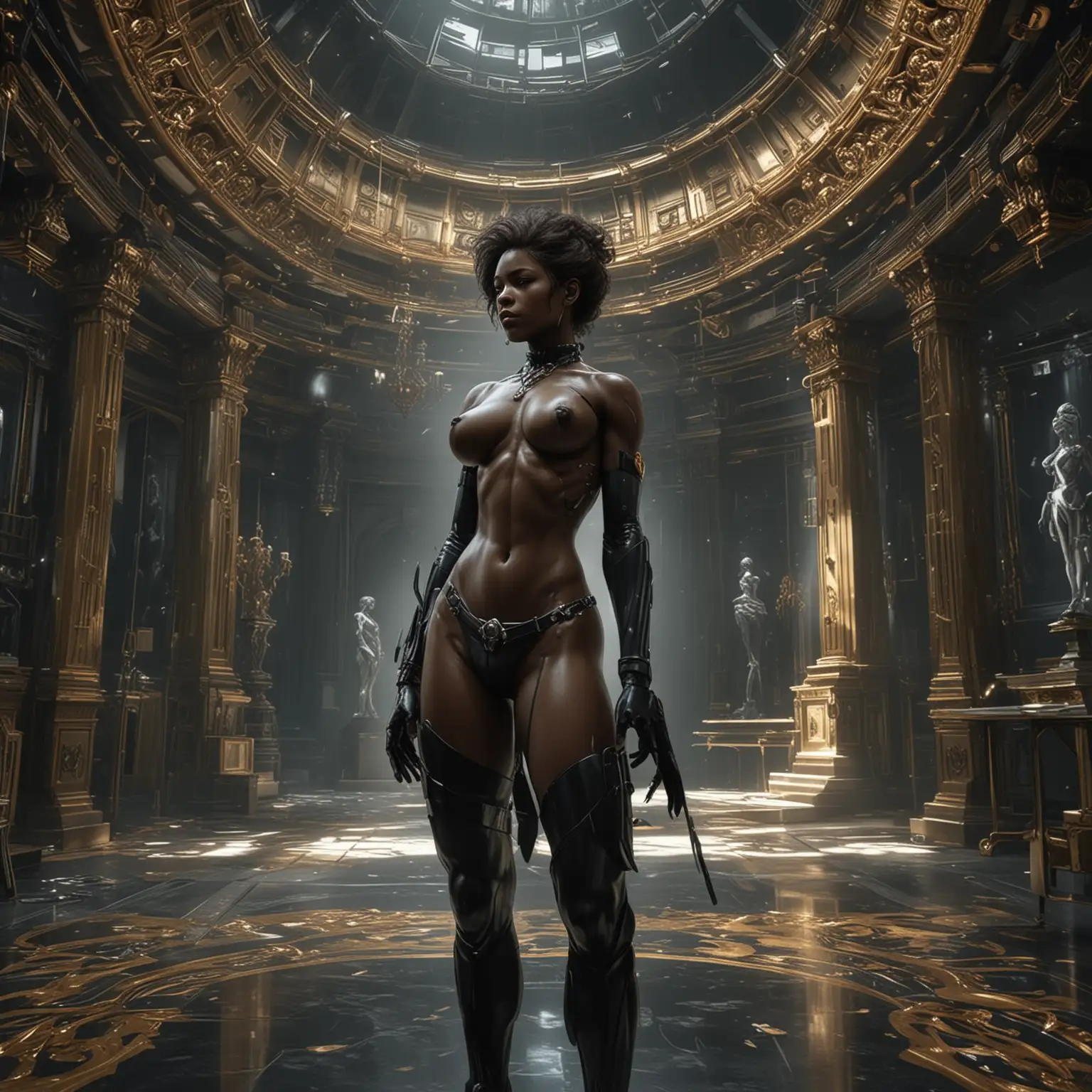 Step into the immersive world of Metal Gear Solid with this eye-catching 3D poster, capturing the essence of stealth and adventure in a single image!"Captured within a vast room, a man stands beneath a majestic dome, emanating an atmosphere of grandiosity and awe.Diamond Jewelry,  Necklace, Rings and earrings.Black woman painterly smooth, extremely sharp detail, finely tuned, 8 k, ultra sharp focus, illustration, illustration, art by Ayami Kojima Beautiful Thick Sexy Black women The woman's stomach, and abdomen are visible