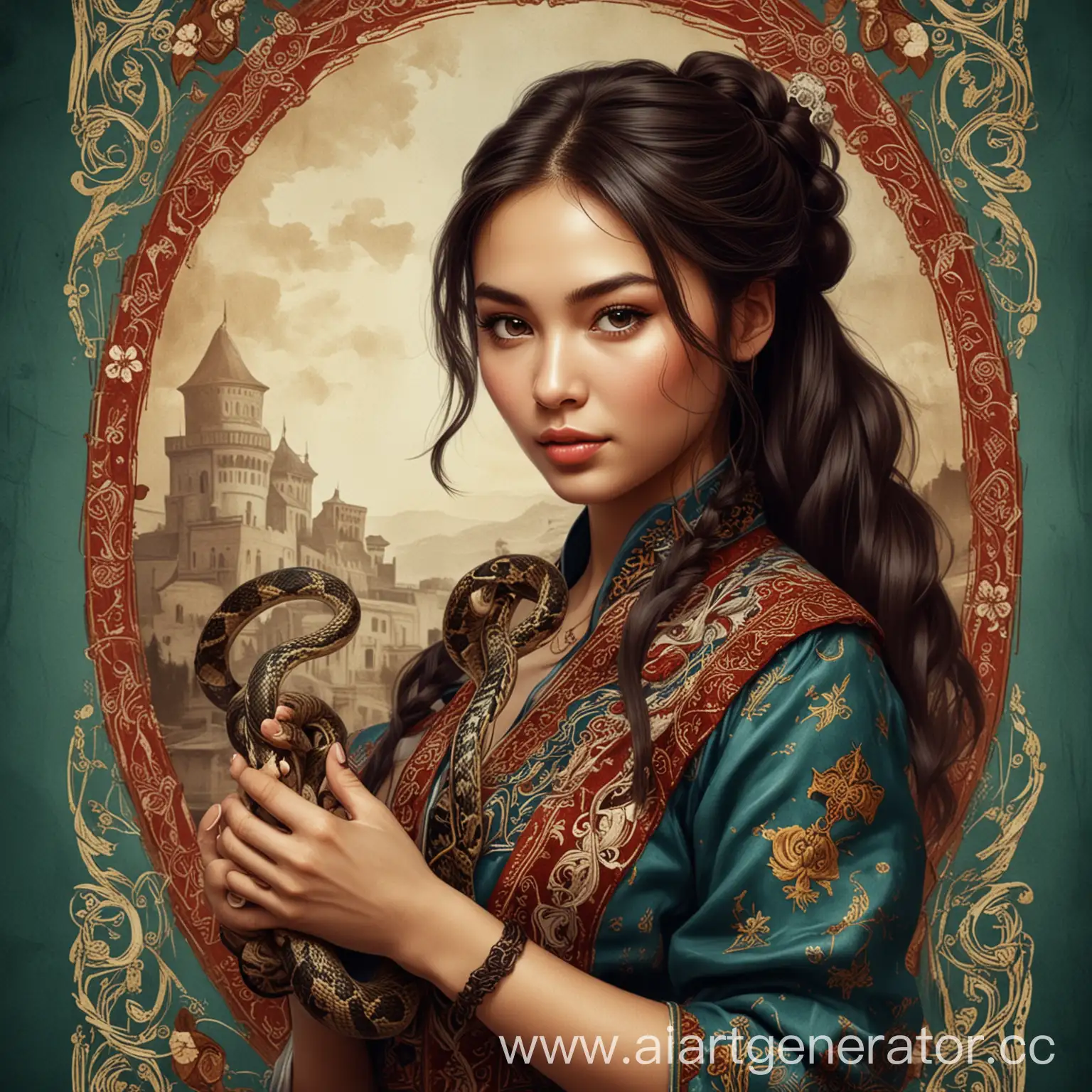 Карточка в стиле игры "Клуб романтики" с девушкой- казашкой, которая держит в руке змею.