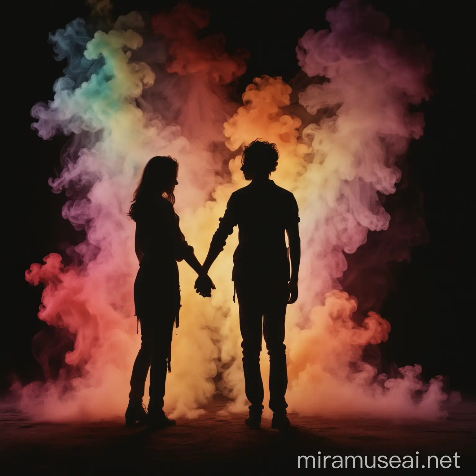 Romantic Silhouette Young Couple Holding Hands in Dark Noir Setting