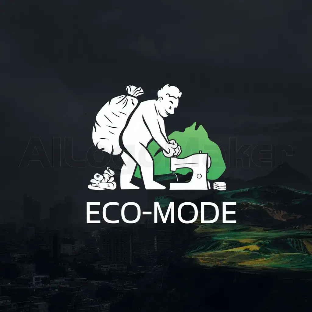 a logo design,with the text "ECO-MODE", main symbol:a giant with a garbage bag on his back pulling garbage out of the bag and sewing it on a sewing machine, while to the front there is a dark city and behind the giant there is a bright, green and colorful landscape,Minimalistic,clear background