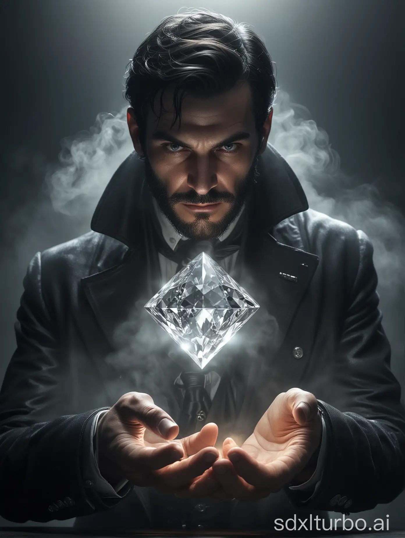 french gentleman thief holding glowing diamond, heavy fog, cubic lighting, face hidden in fog, sinister theme, hyperrealistic, ultra hd, hide face in shadow