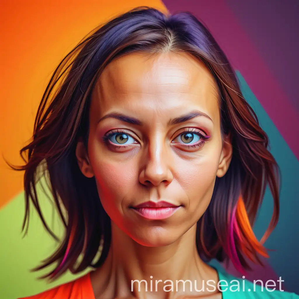 woman 35 years old stylized portrait colorful graphic modern looking at camera neutral expression visible minority

