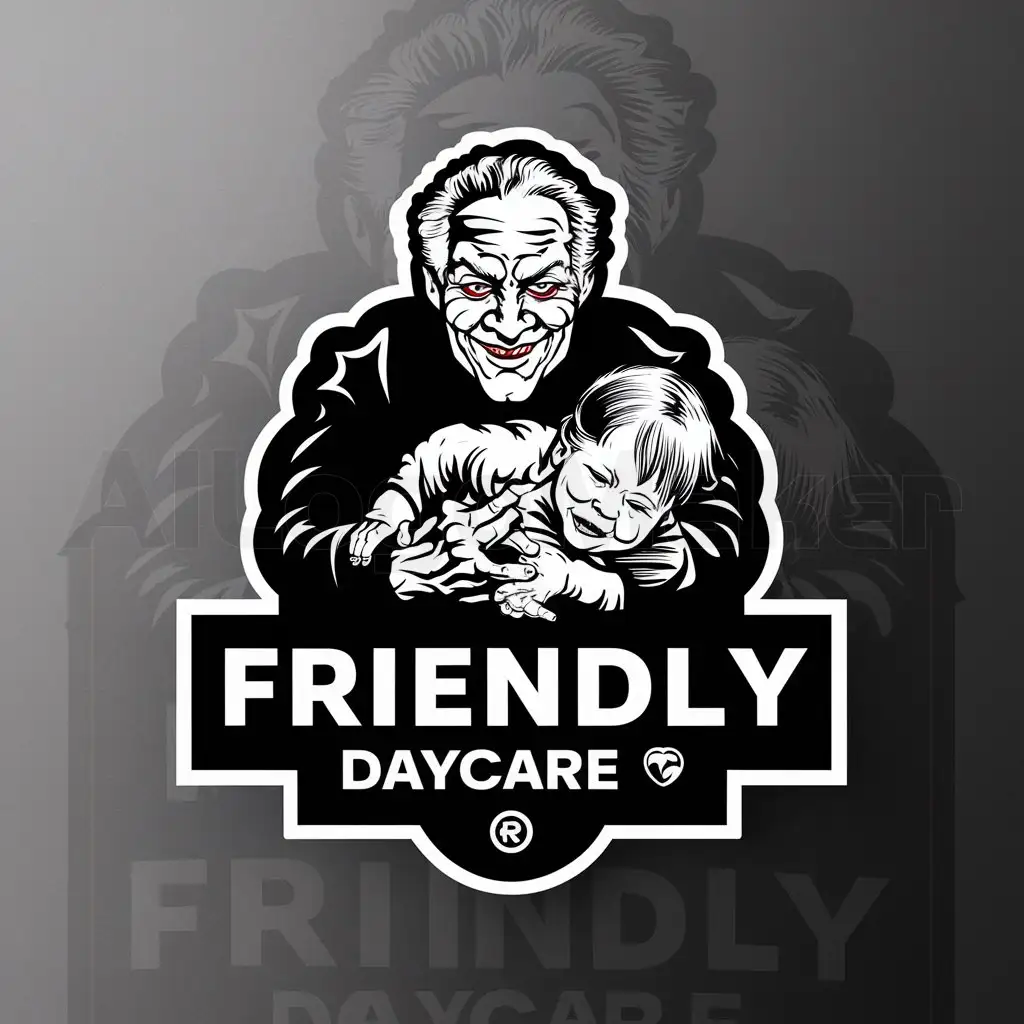 a logo design,with the text "Friendly daycare 😈", main symbol:an old man holding a resisting young child,Moderate,be used in Real Estate industry,clear background