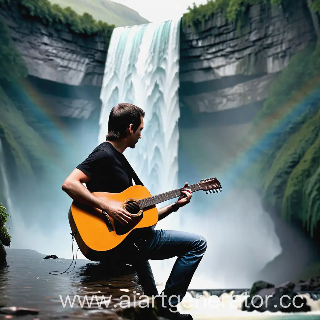 Гитарист на фоне водопада со спины