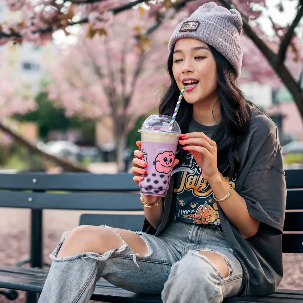 purple bubble tea paopao, asian cool girl 