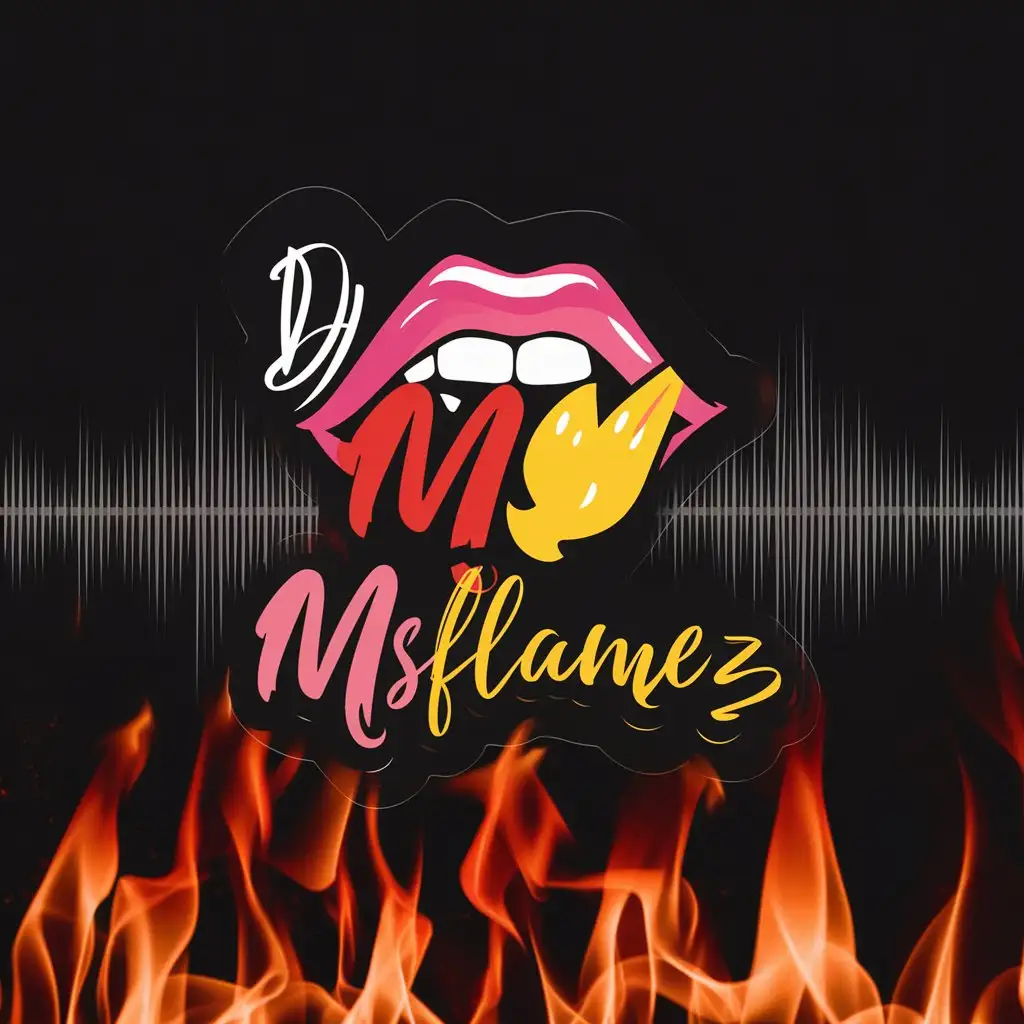text,DJ MsFlamez,Black outline, Pink, red, yellow, orange, 'M'sFlamez like a lip bite, sexy, MsFlamez in cursive, soundwaves, flames