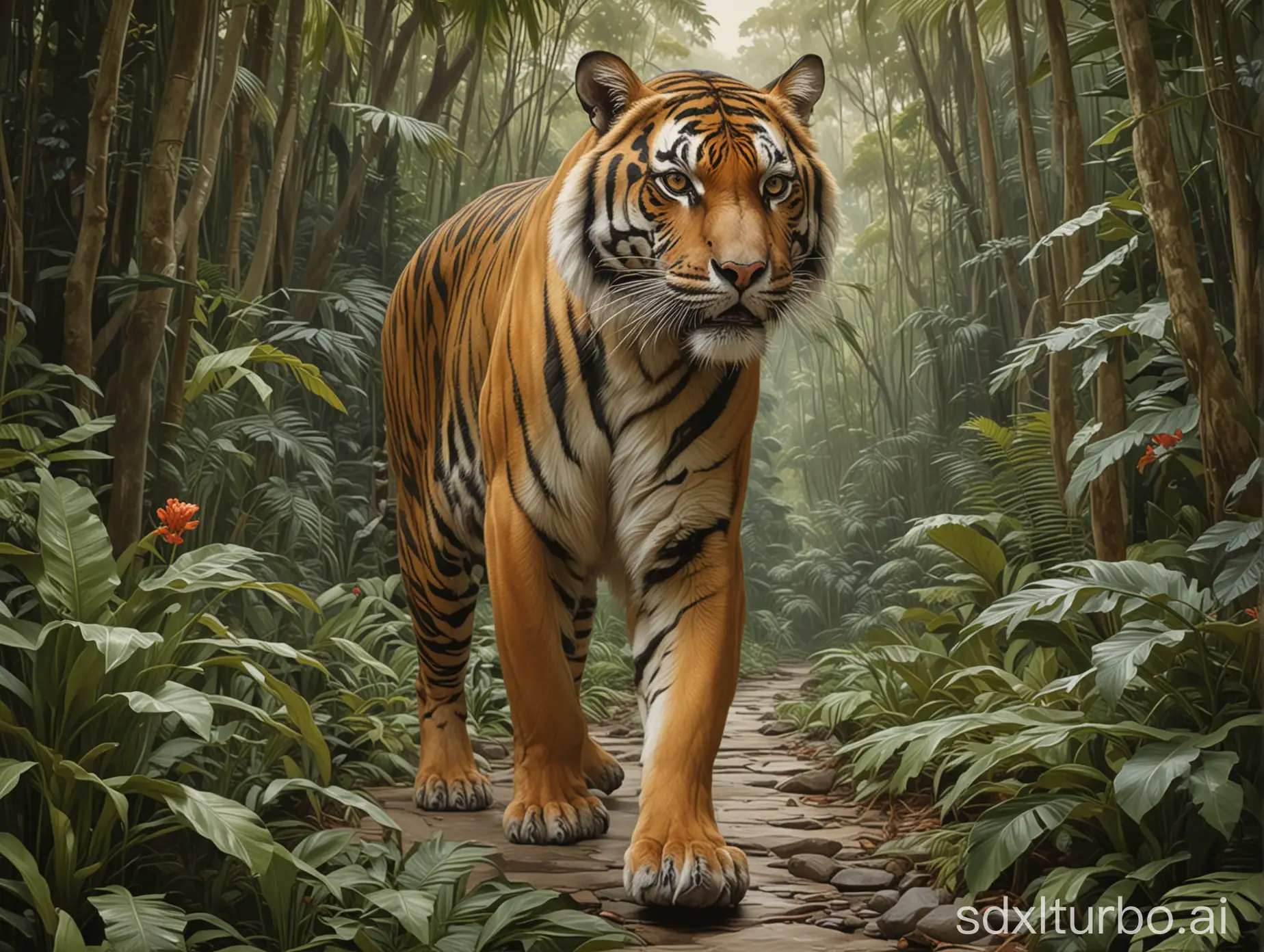 Majestic-Tiger-Strolling-Through-Indonesian-Rainforest-Inspired-by-Leyendeckers-Painting