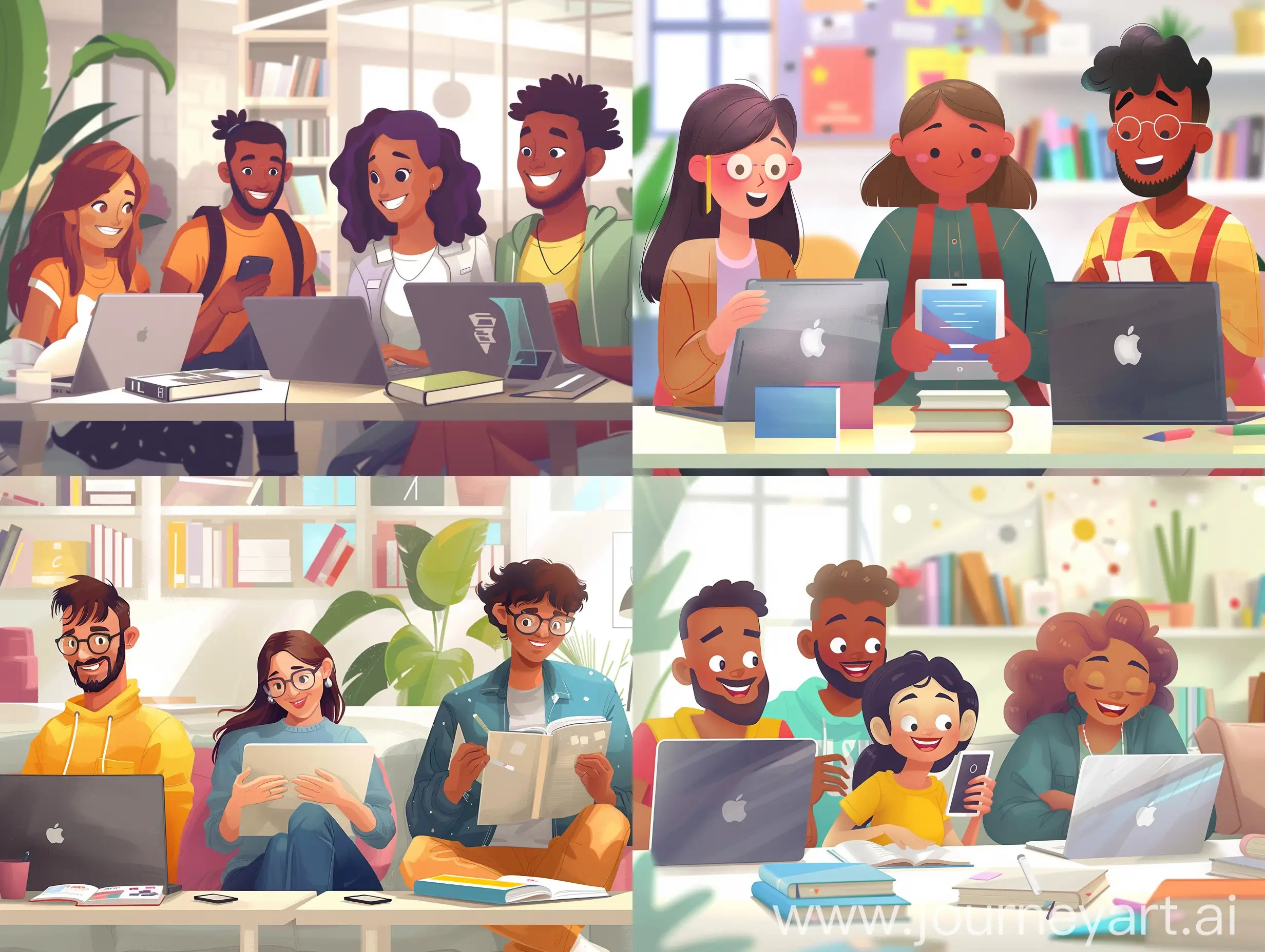 Create a modern, stylish illustration in either 2D or 3D. The scene should depict a diverse group of 3 to 4 people engaged in learning activities using different media. Each person should be interacting with different learning materials such as a laptop, tablet, smartphone, and a book. They should look happy and excited, reflecting a sense of enjoyment and fulfillment from this new way of learning. The setting should be bright and welcoming, with contemporary design elements that give a sense of innovation and creativity. The overall atmosphere should be dynamic and inspiring, capturing the essence of a community learning together.

Style References:

Clean lines and vibrant colors
Modern, minimalist background with subtle details
Characters with expressive faces and casual, trendy clothing
A blend of realism and artistic stylization
Elements to Include:

A diverse group of 3-4 people (different genders, ethnicities)
Various learning media (laptop, tablet, smartphone, book)
Modern, stylish surroundings (e.g., a cozy room, a sleek library, or an open workspace)
Happy, engaged expressions and body language
Bright, inviting color palette with contemporary design touches