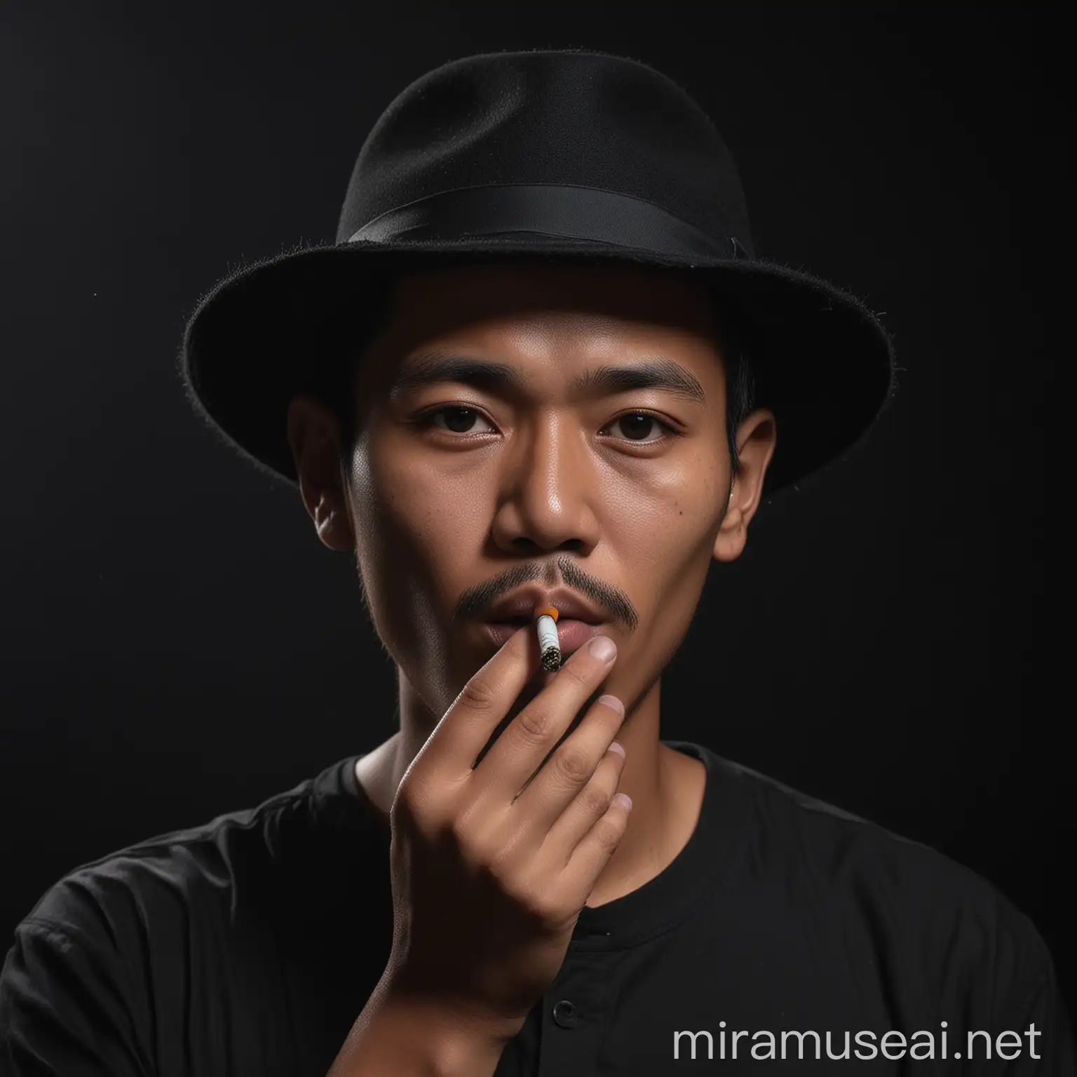 Portrait photo low key, an Indonesian man aged 27 with a round face wearing a black shirt and black short hair, wearing a hat, holding a cigarette in his mouth, black background, ambient light photography low key photography, real original photo, uhd 32k