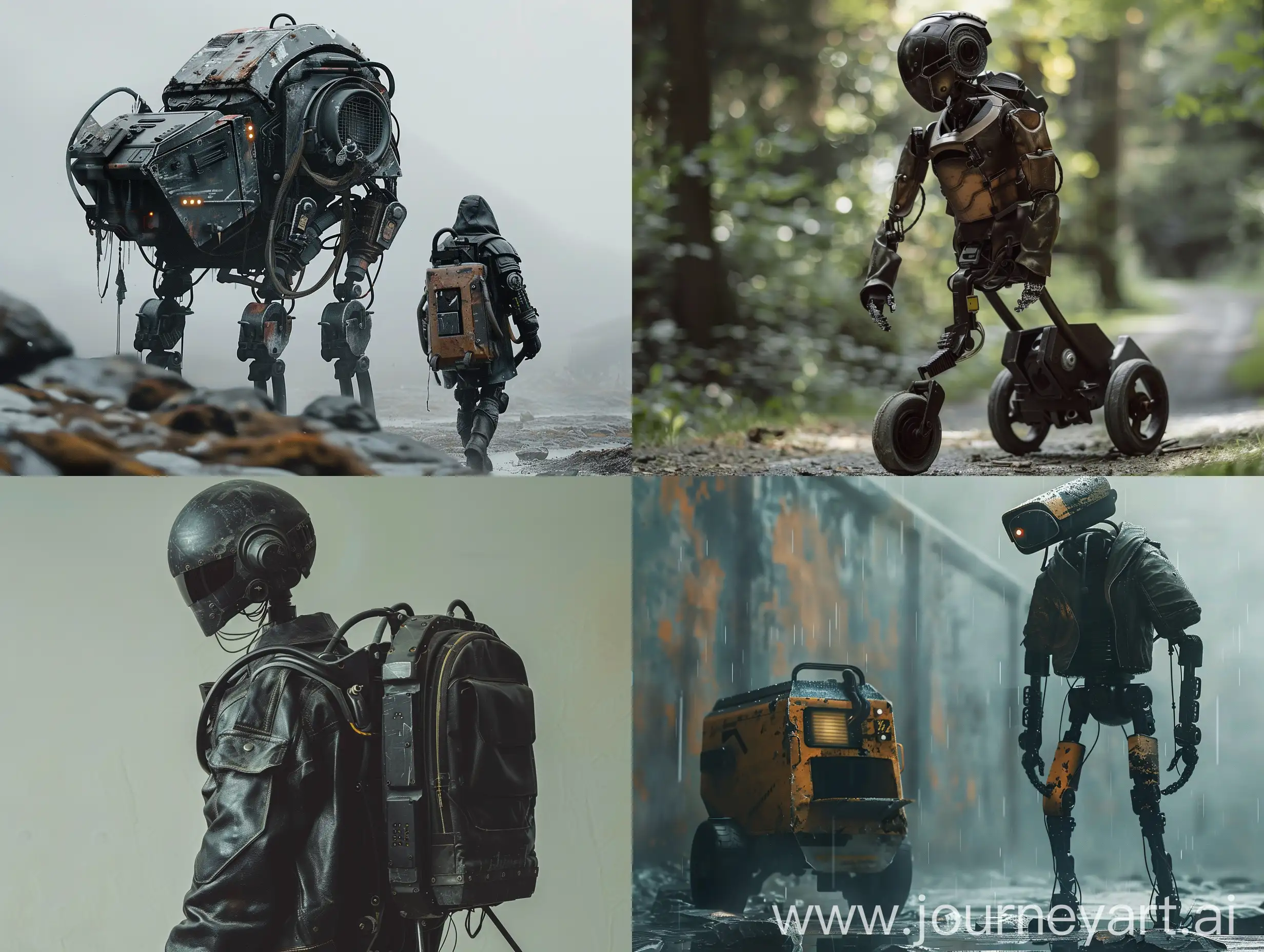a robot wearing a leather jacket, walking alone with a mechaniacal walker cabin