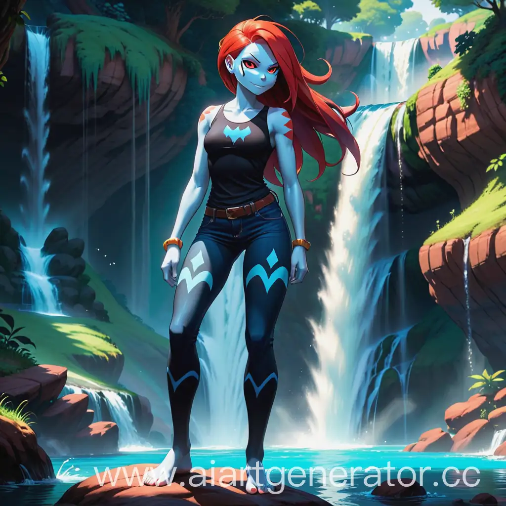 The world of undertale,1 characters in the image,A character named Undyne, Undyne in Waterfall, Undyne in a black undershirt and blue jeans, The background is a waterfall, Undнne is an anthropomorphic monster fish , Undyne has red hair and blue skin