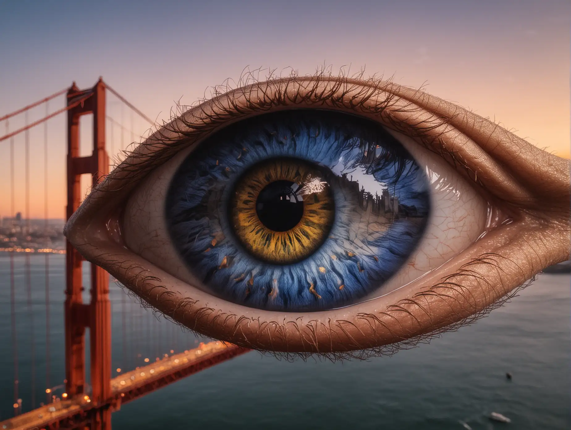 giant eye with a blue iris floating over the Golden Gate Bridge at sunset