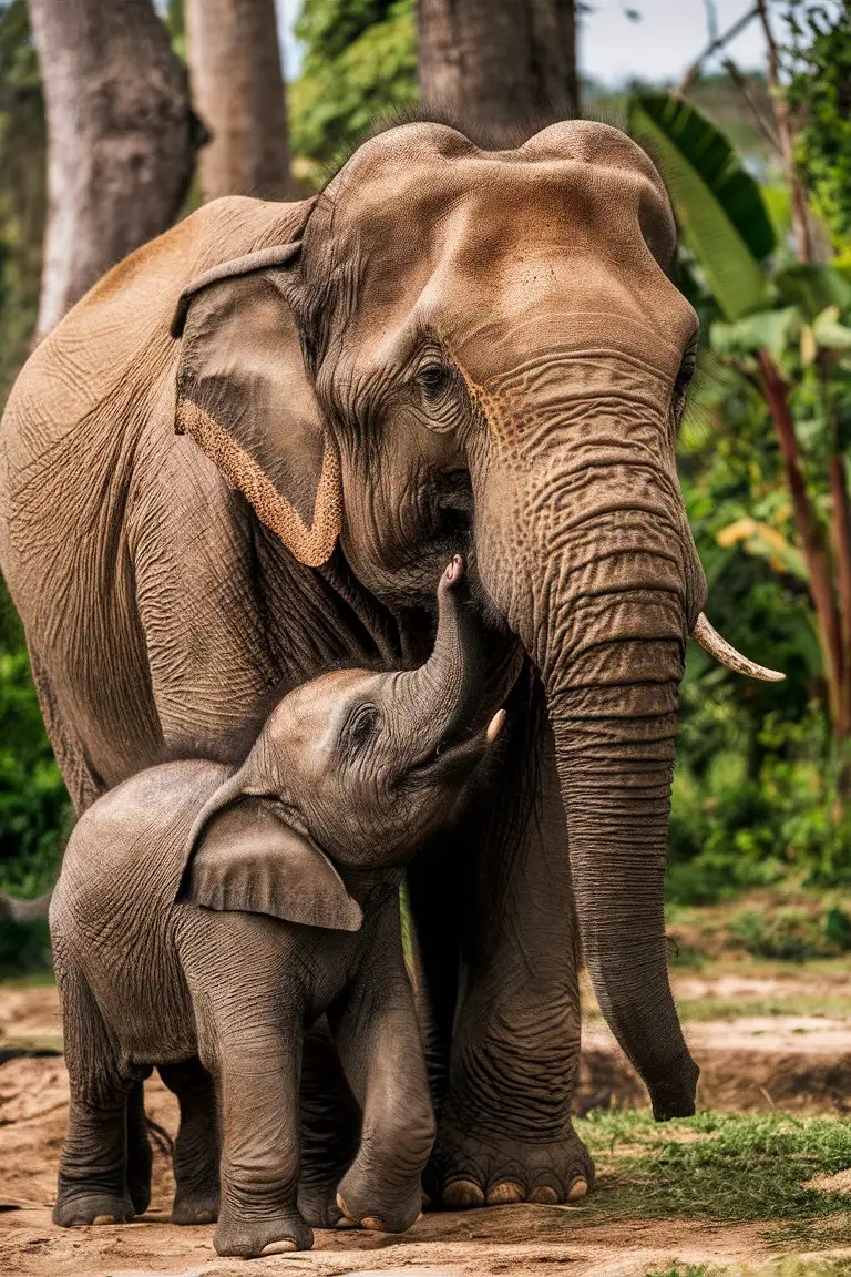 Thai Mother Elephant and Calf Intricate Wildlife Detail