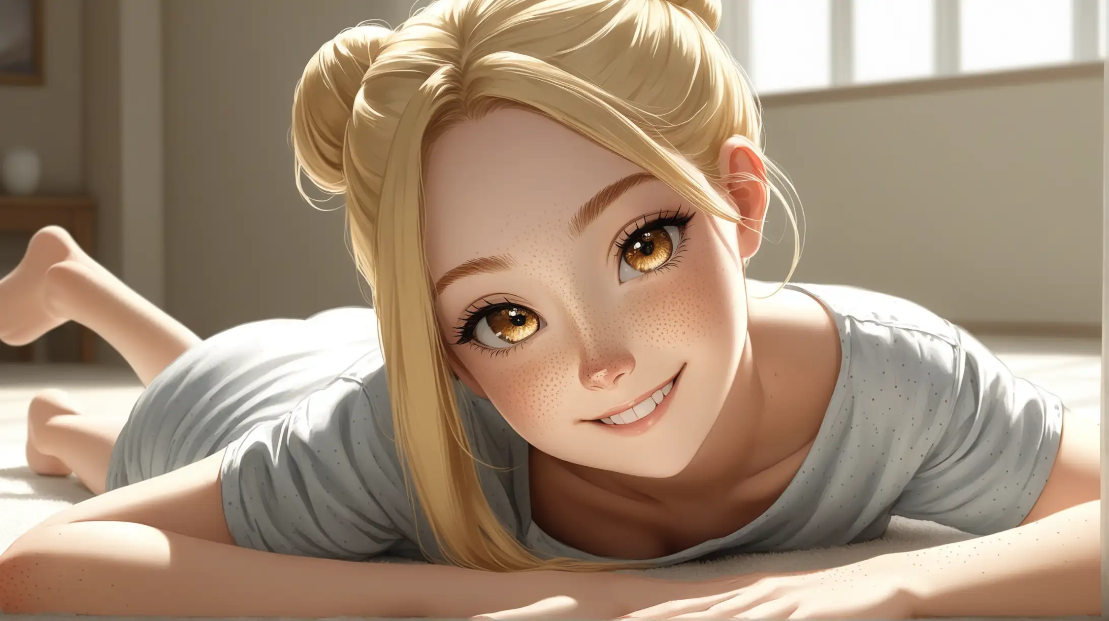 Draw a young woman, long blonde hair in a bun, gold eyes, freckles, perky figure,
casual outfit, high quality, long shot, indoors, laying, natural lighting, smiling at the viewer