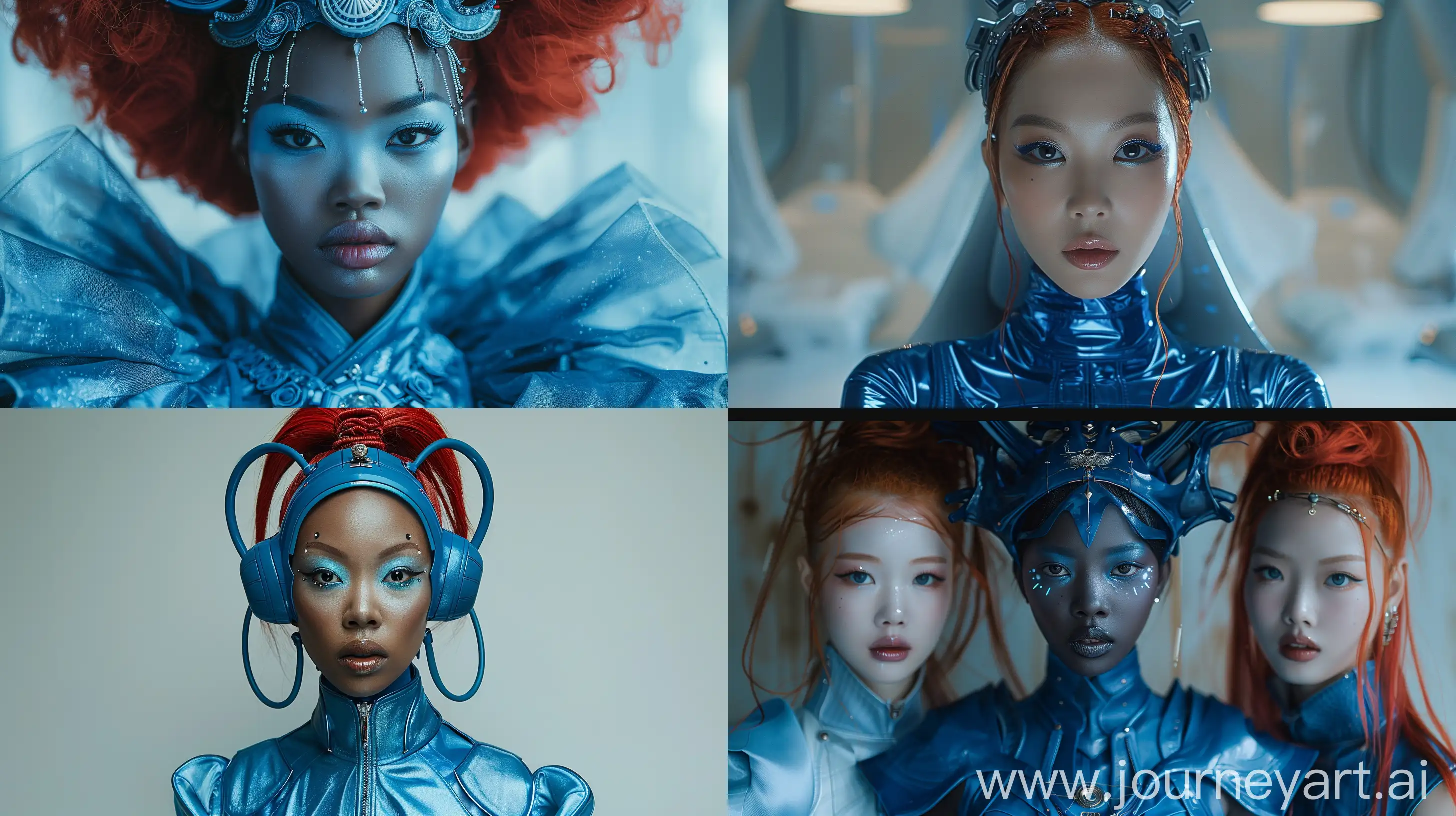 A white skin black female Kpop idol in a all blue sleek futuristic outfit, with huge headpiece center piece, clean makeup with oversized red hair, with depth of field, fantastical edgy and regal themed outfit, captured in vivid colors, embodying the essence of fantasy, minimalist --ar 16:9 --s 750 --v 6.0