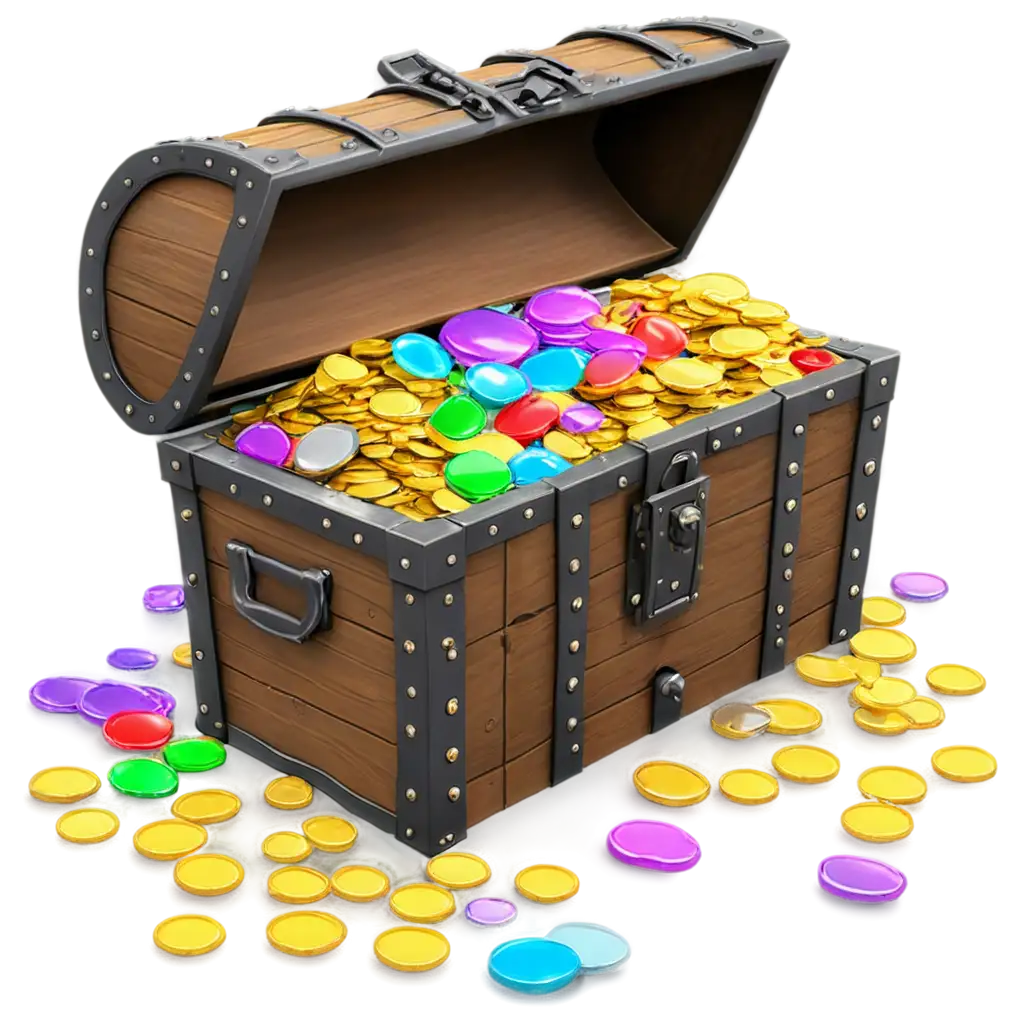 A 3d treasure chest overflowing with  coins and gems.
