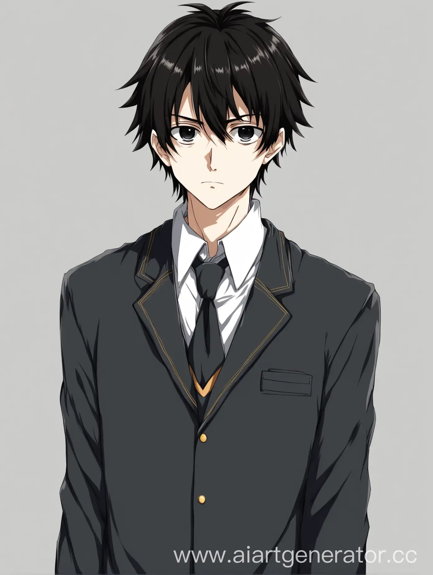Аниме парень в школьной форме, с черными глазами и темными волосами. Изолированный объект на белом фоне
