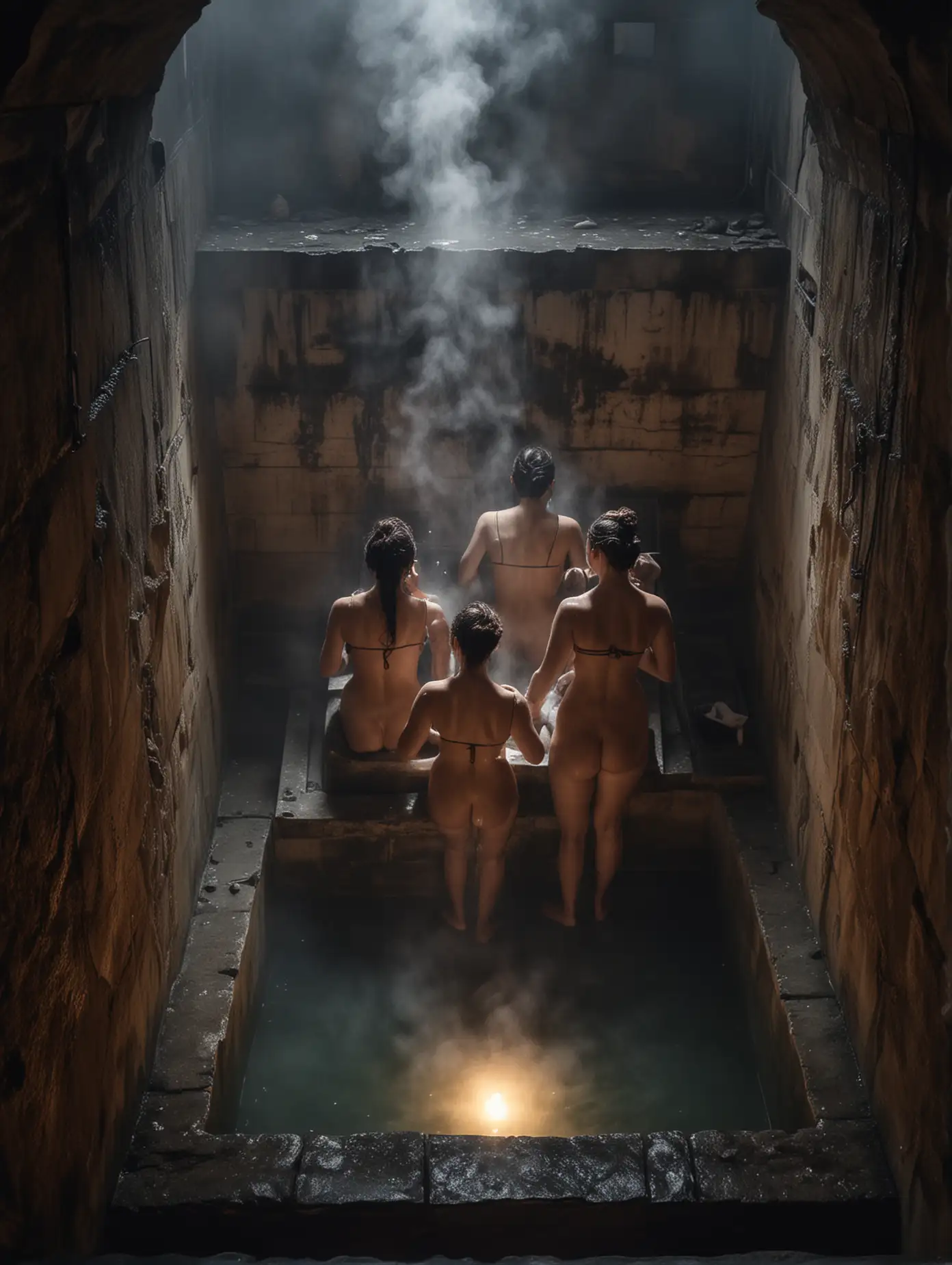 View of 3 bathing women in a basin in dark Roman bath from a window  above at night, steam, misty atmosphere,