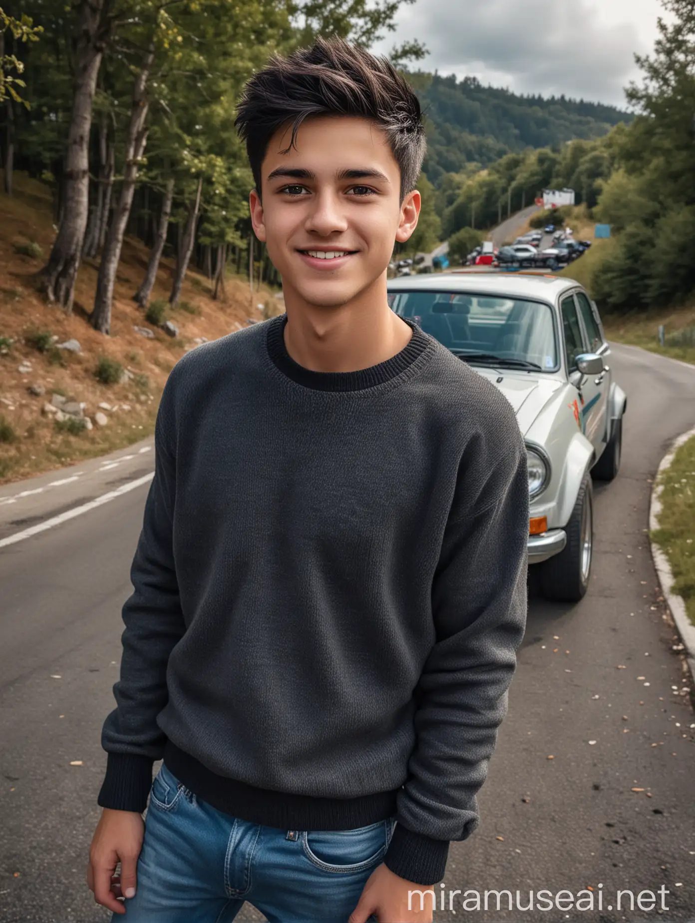 32k HDR Photorealistic full color, a very handsome man, 18 year old, oval face, spiky short black hair, wearing a sweater, jeans, standing next to a rally car, smiling face looking forward, car parked on a hill, with a winding road at the bottom, trees in the background, Canon eos r3, canon  fish eye lans,