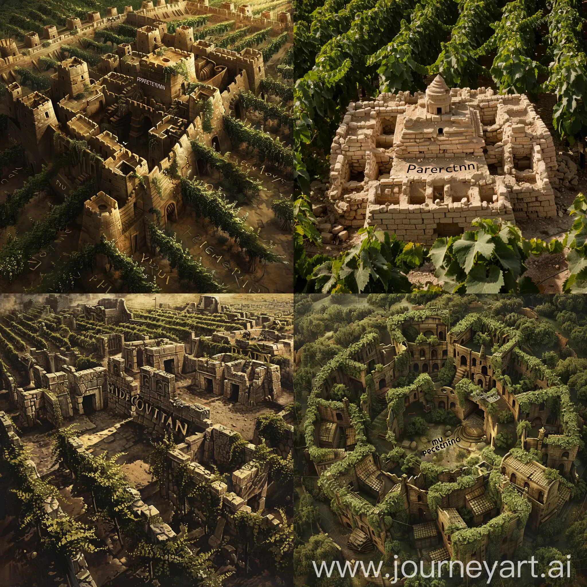 an ancient city surrounded by manu vines and in the middle the name "protection"
