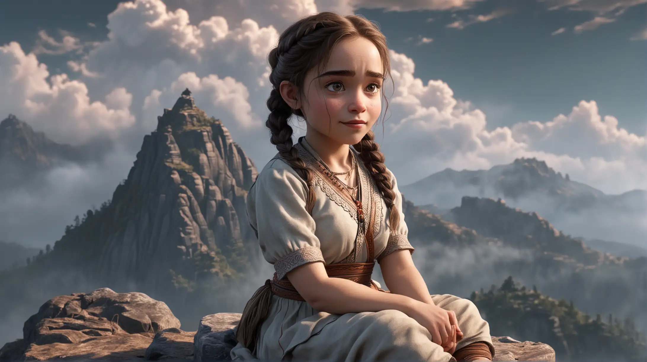 cartoon, Emilia Clarke as indian girl sit on top of a mountain, close-up, clouds, fog, pigtails