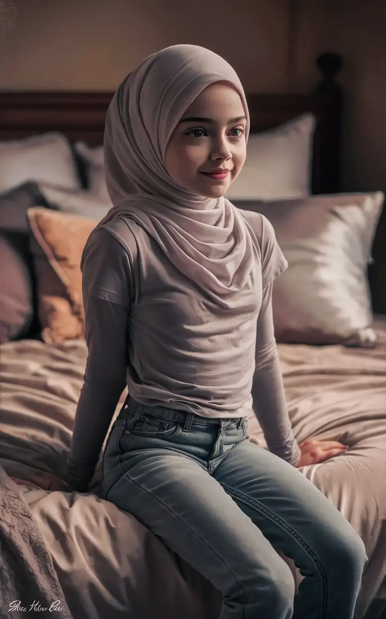 A innocent girl.  14 years old. She wears a hijab, skinny t-shirt, skinny jeans,
She is beautiful. She sits on the bed.
Side eye view, petite, plump lips.  Elegant, pretty