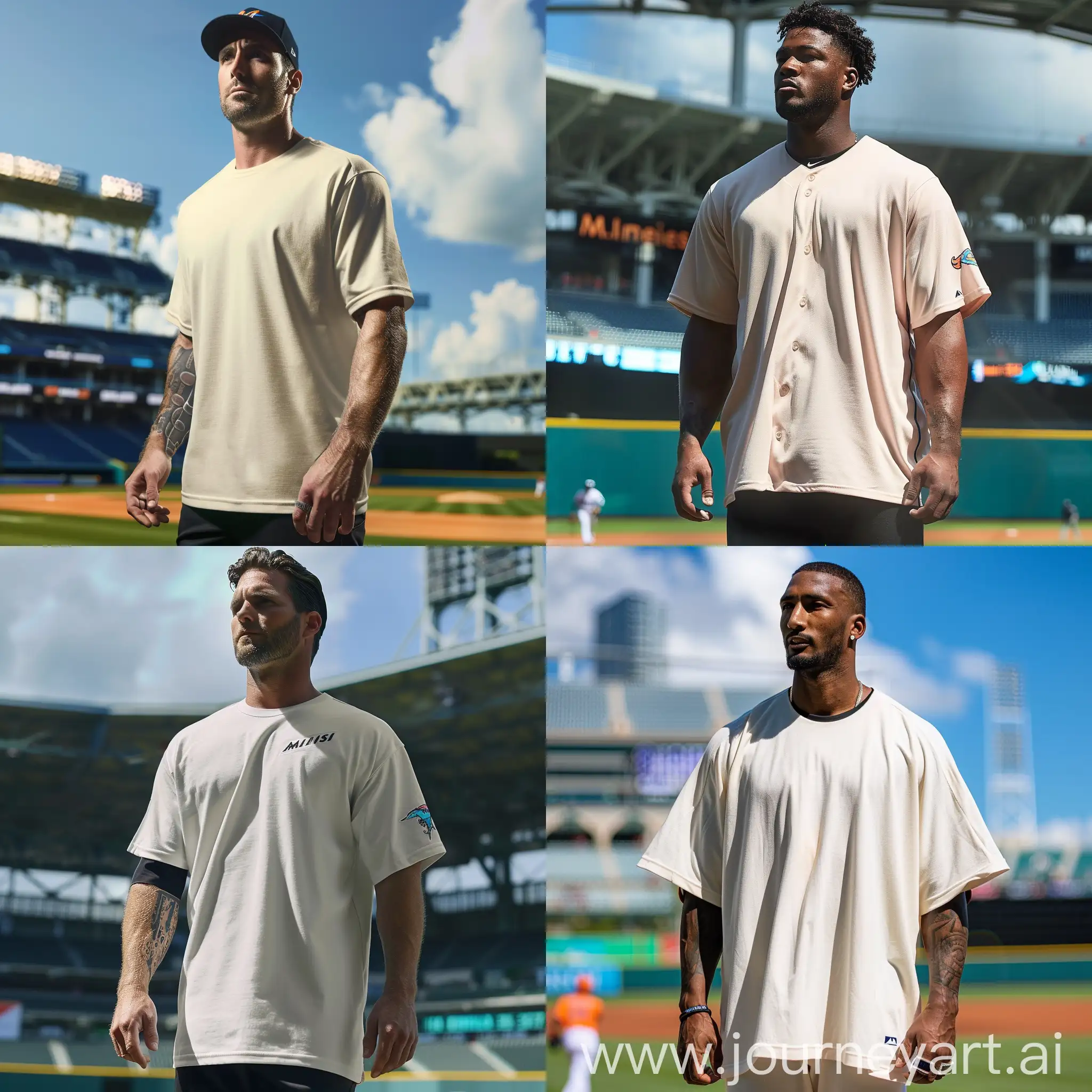 Realistic image of Miami Marlins baseball player Ian Lewis in a oversized drop shoulder heavyweight cream colored t shirt. standing on a baseball field