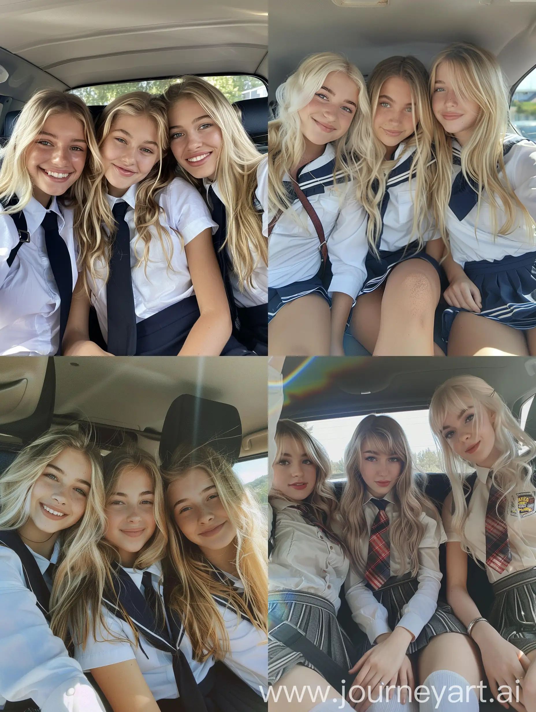 Three-Young-Women-in-School-Uniforms-Smiling-Inside-Car