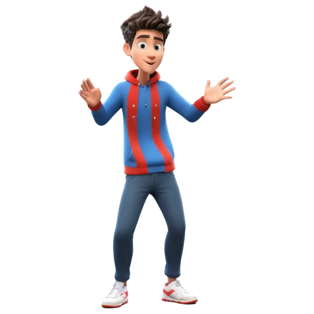 a male cartoon medium shot in blue and red clothes alerting with hands to stop